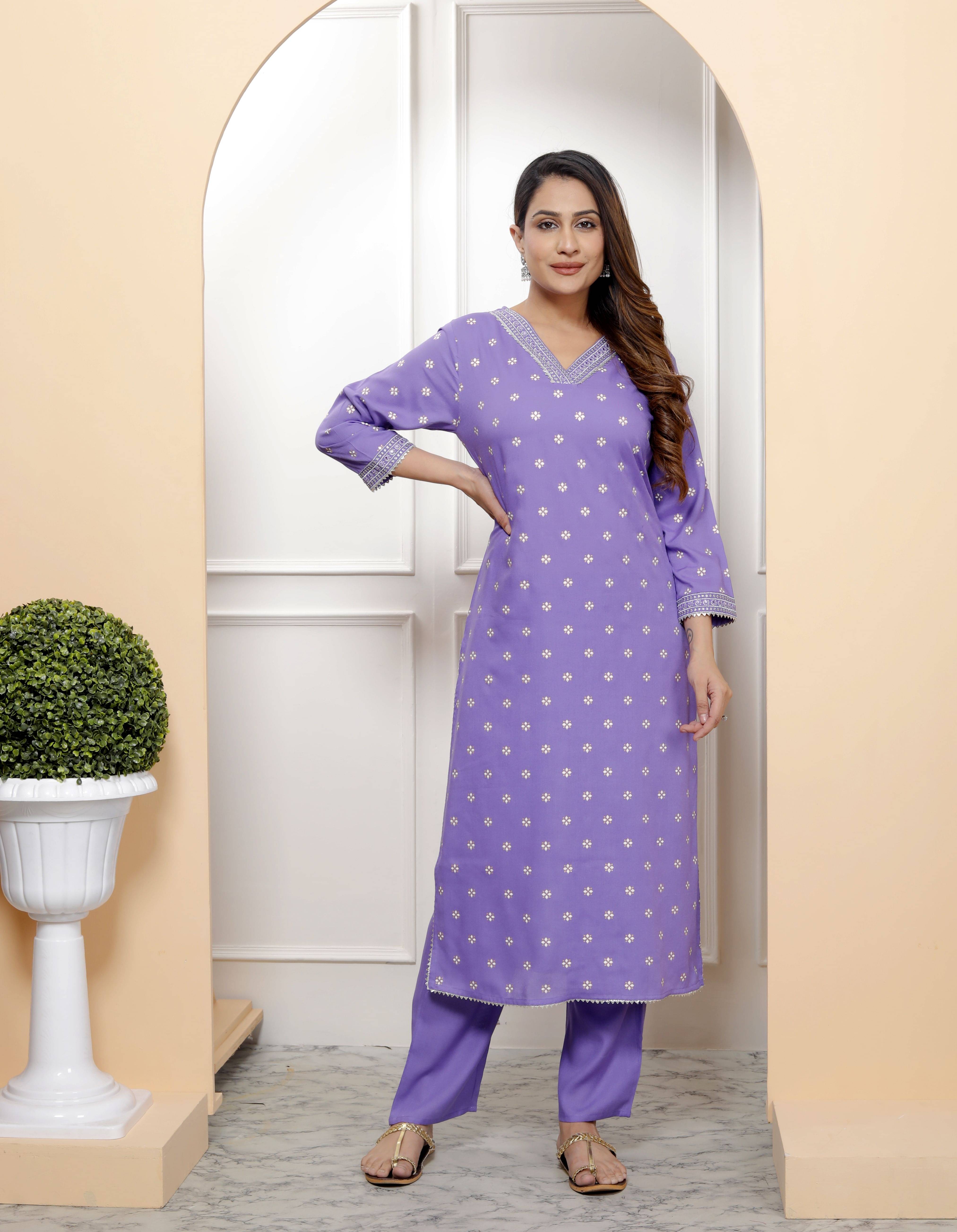     			KP CREATION Women Viscose Embroidered A-line Kurti With Pants ( Purple )