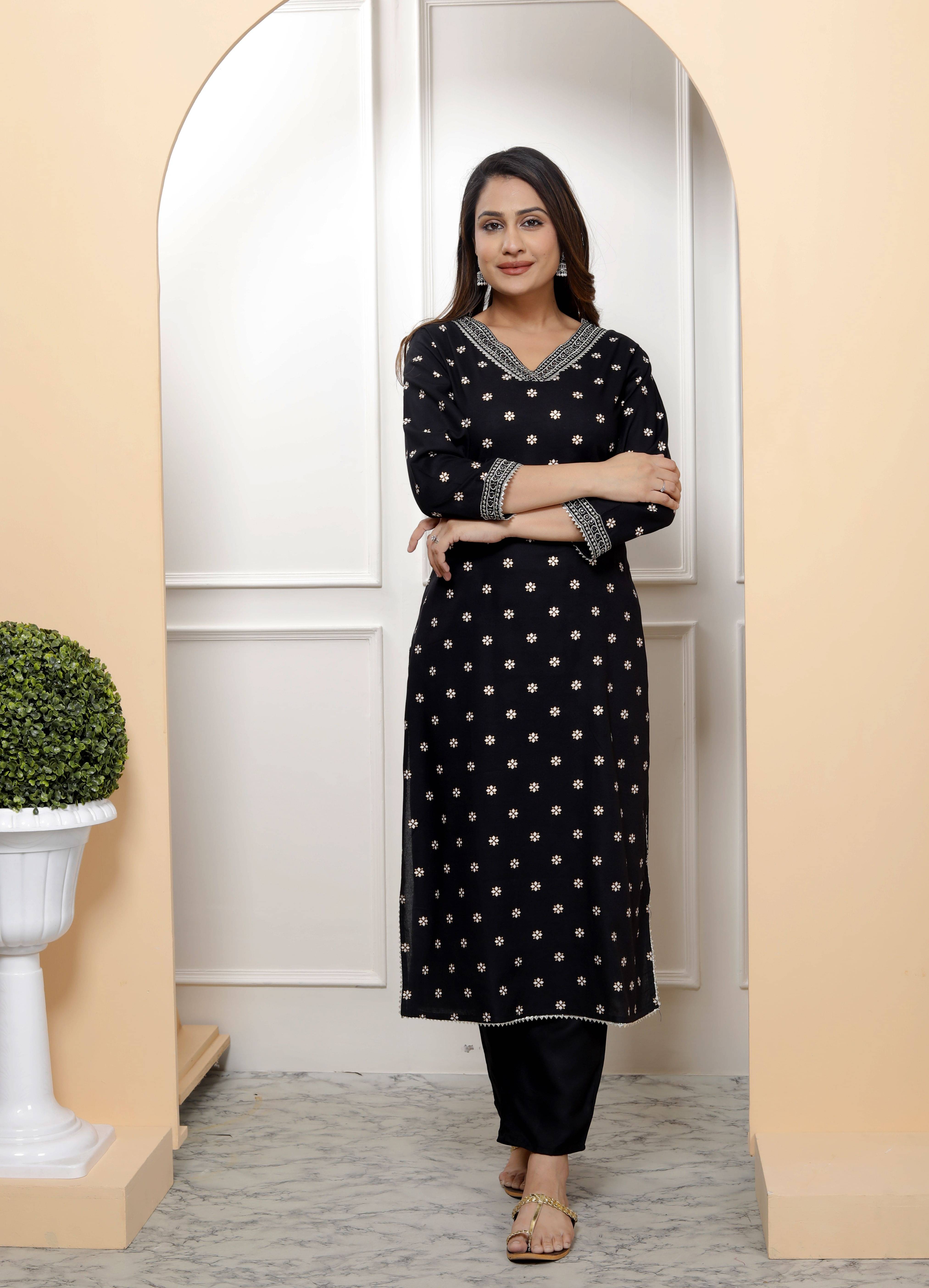 KP CREATION Women Viscose Embroidered A-line Kurti With Pants ( Black )     			KP CREATION Women Viscose Embroidered A-line Kurti With Pants ( Black )