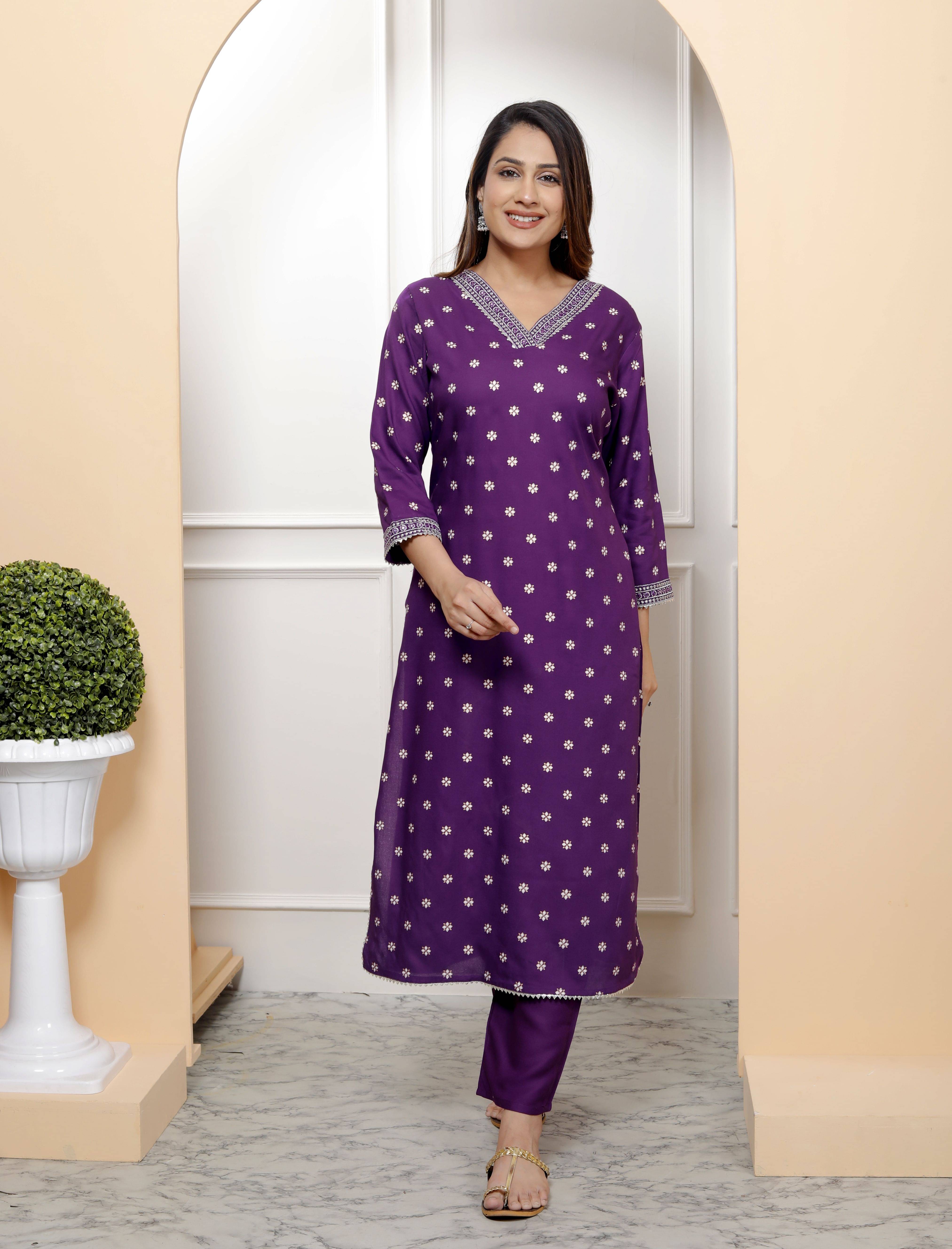     			KP CREATION Women Viscose Embroidered A-line Kurti With Pants ( Purple )