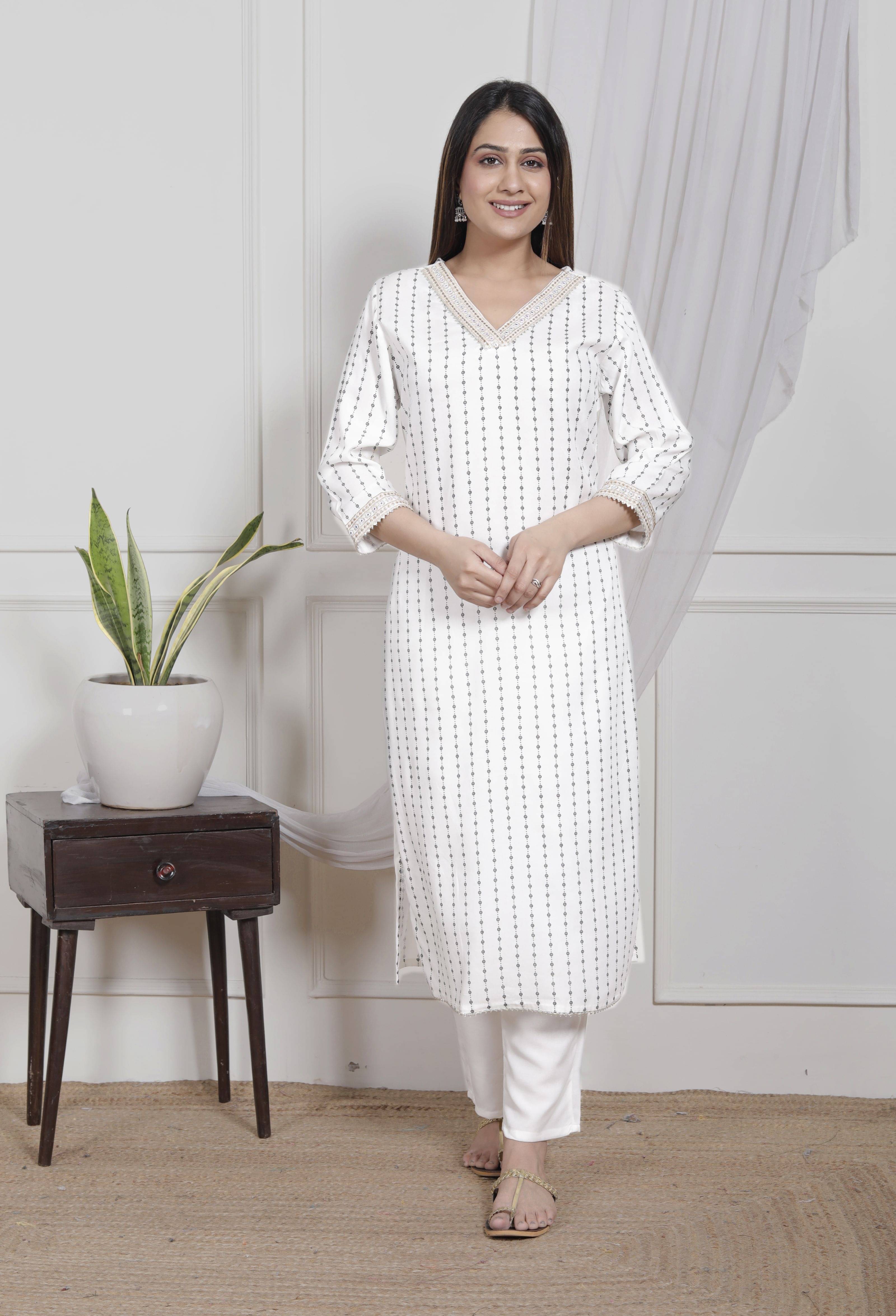     			KP CREATION Women Viscose Embroidered A-line Kurti With Pants ( White )