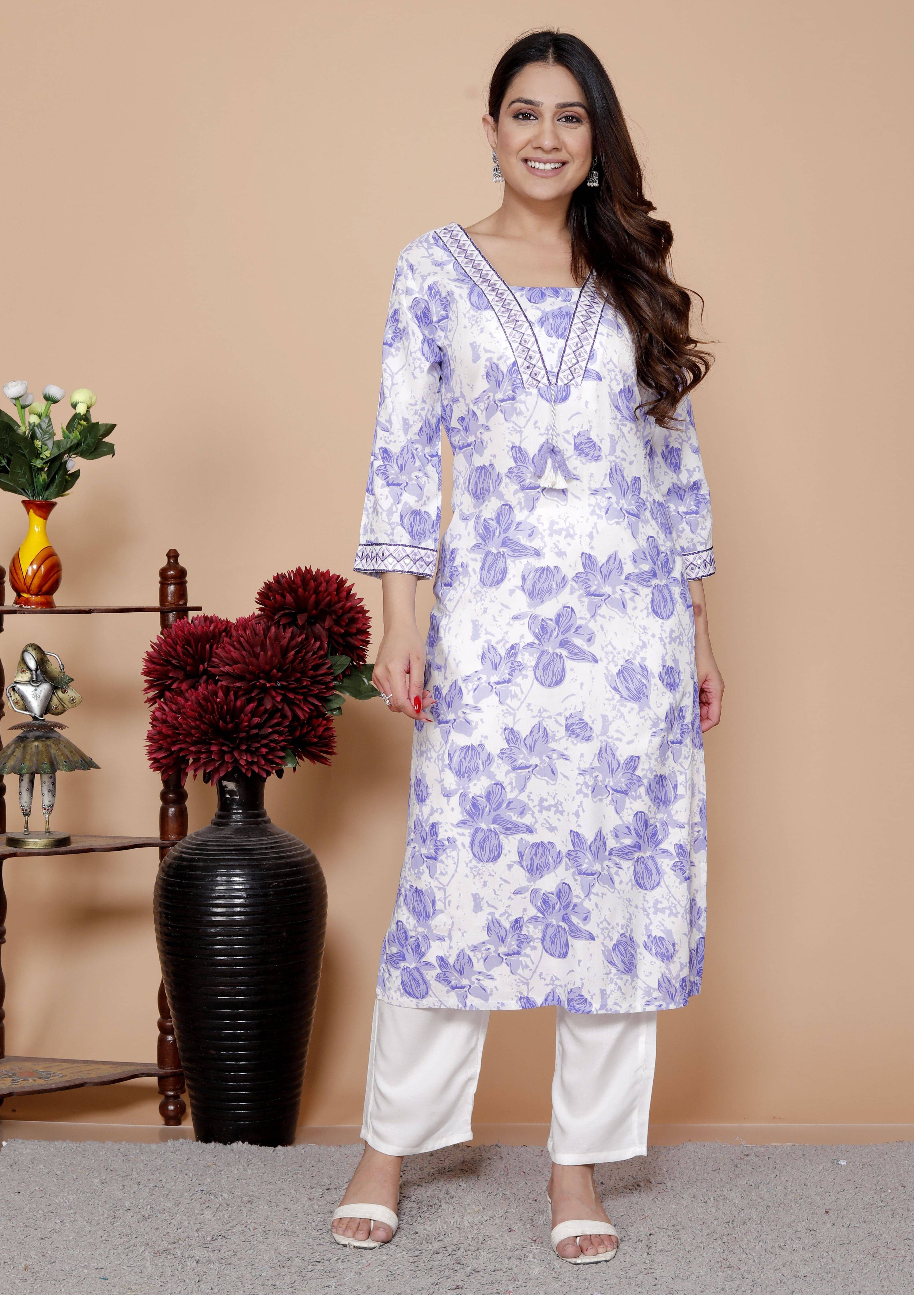     			KP CREATION Women Viscose Embroidered A-line Kurti With Pants ( Purple )