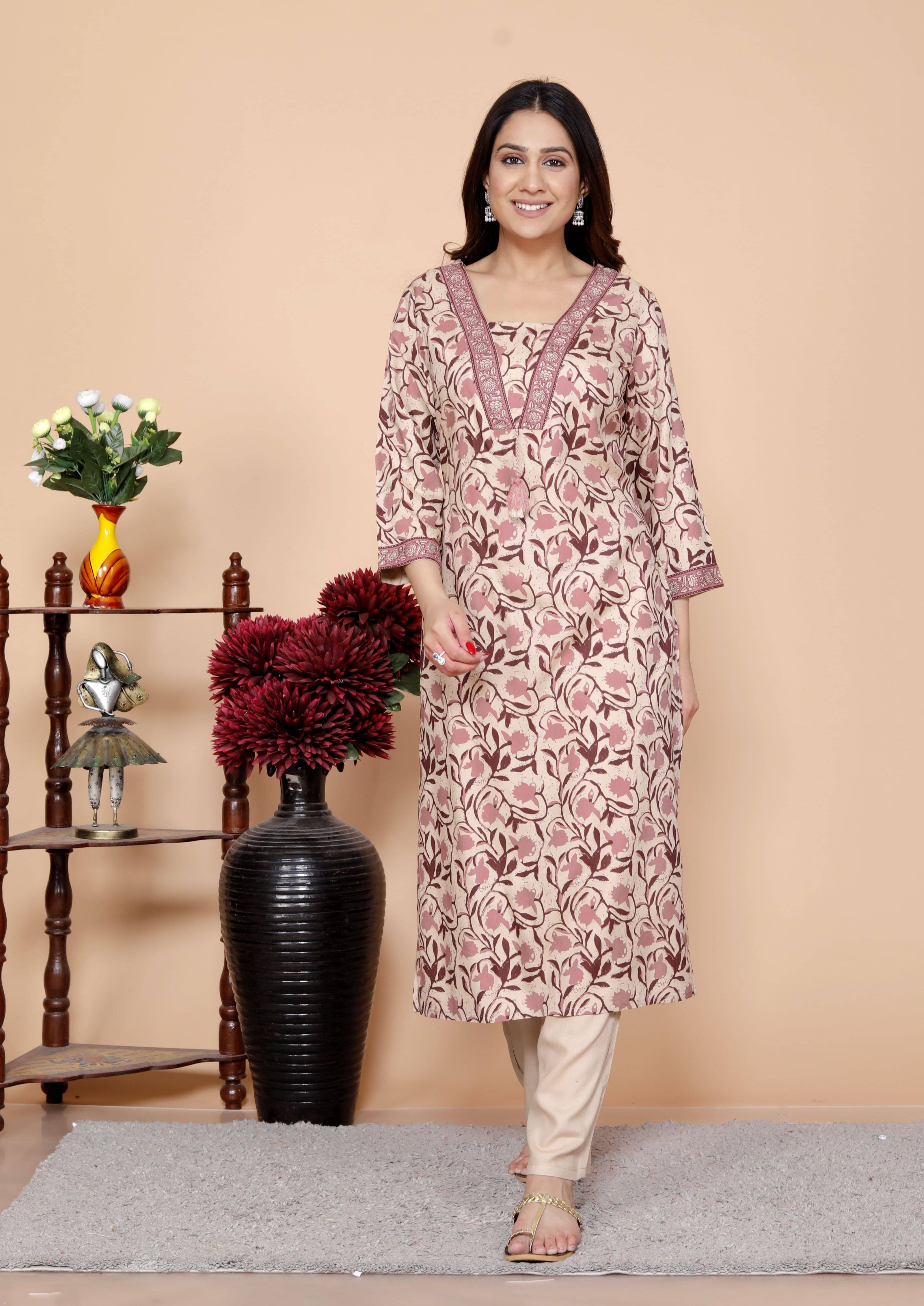 KP CREATION Women Viscose Printed A-line Kurti With Pants ( Wine ) KP CREATION Women Viscose Printed A-line Kurti With Pants ( Wine )