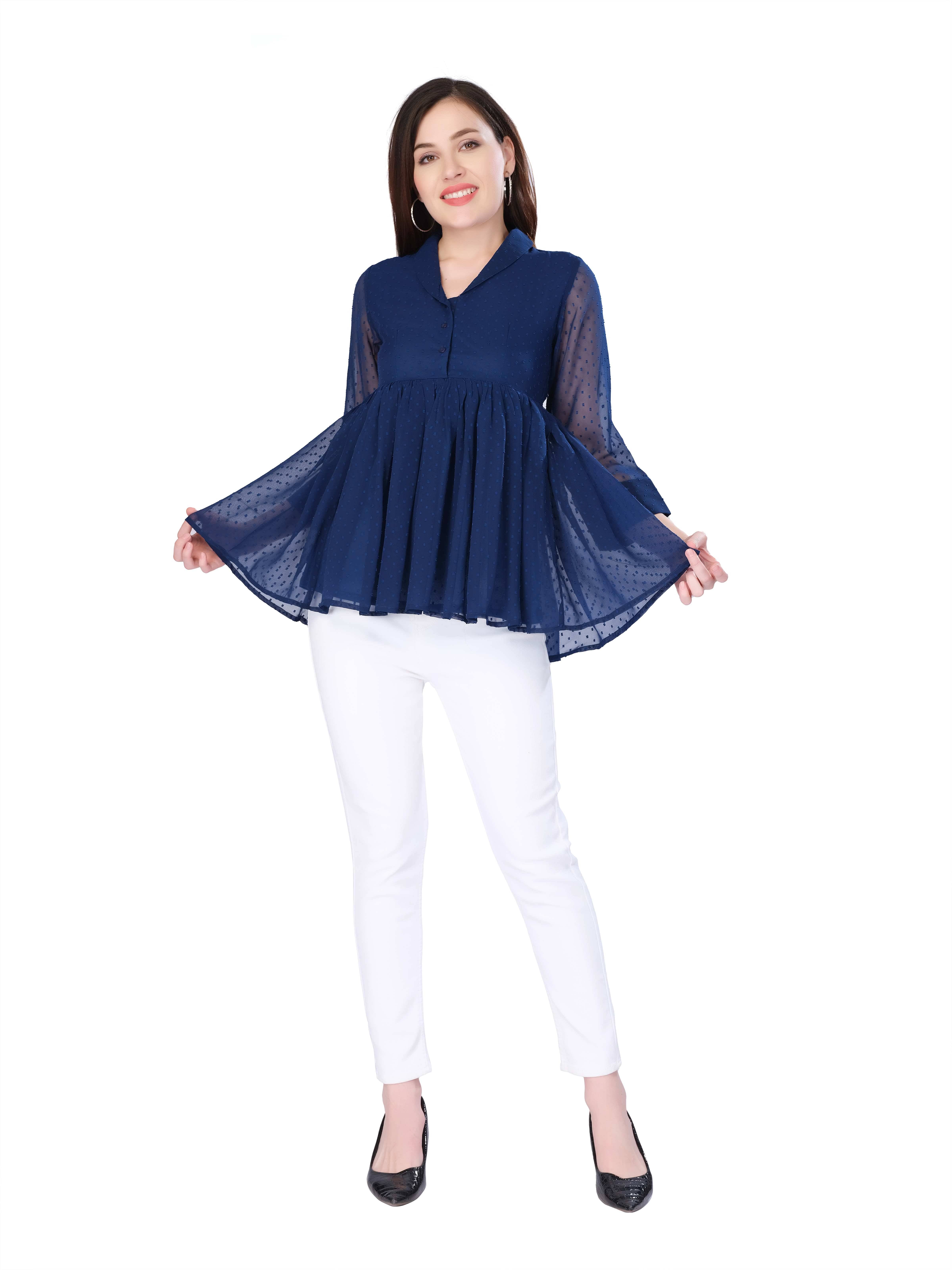 Mantra Fashion Women's Georgette Regular Top ( Navy Blue )     			Mantra Fashion Women's Georgette Regular Top ( Navy Blue )