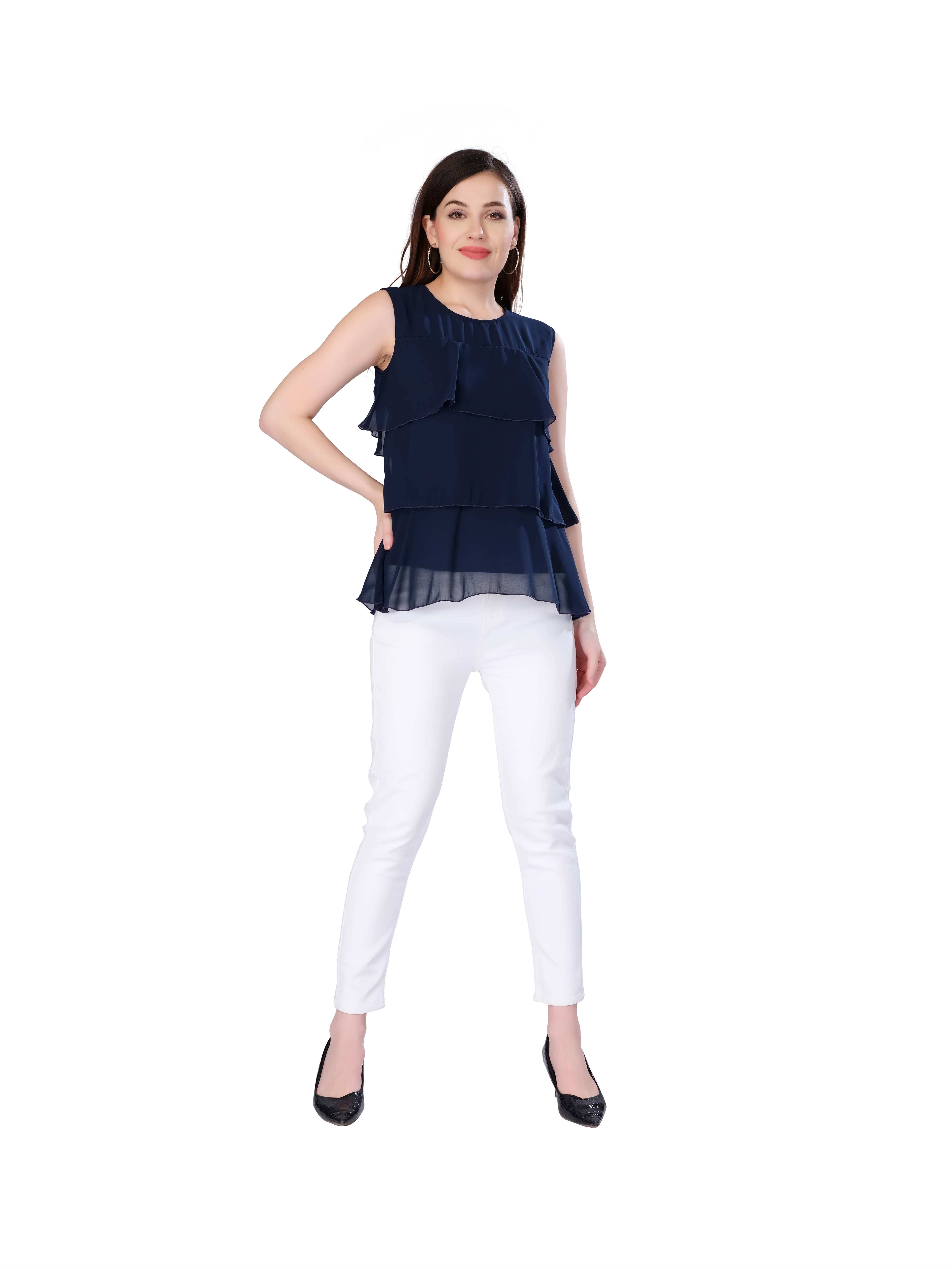 Mantra Fashion Women's Georgette Regular Top ( Navy Blue )