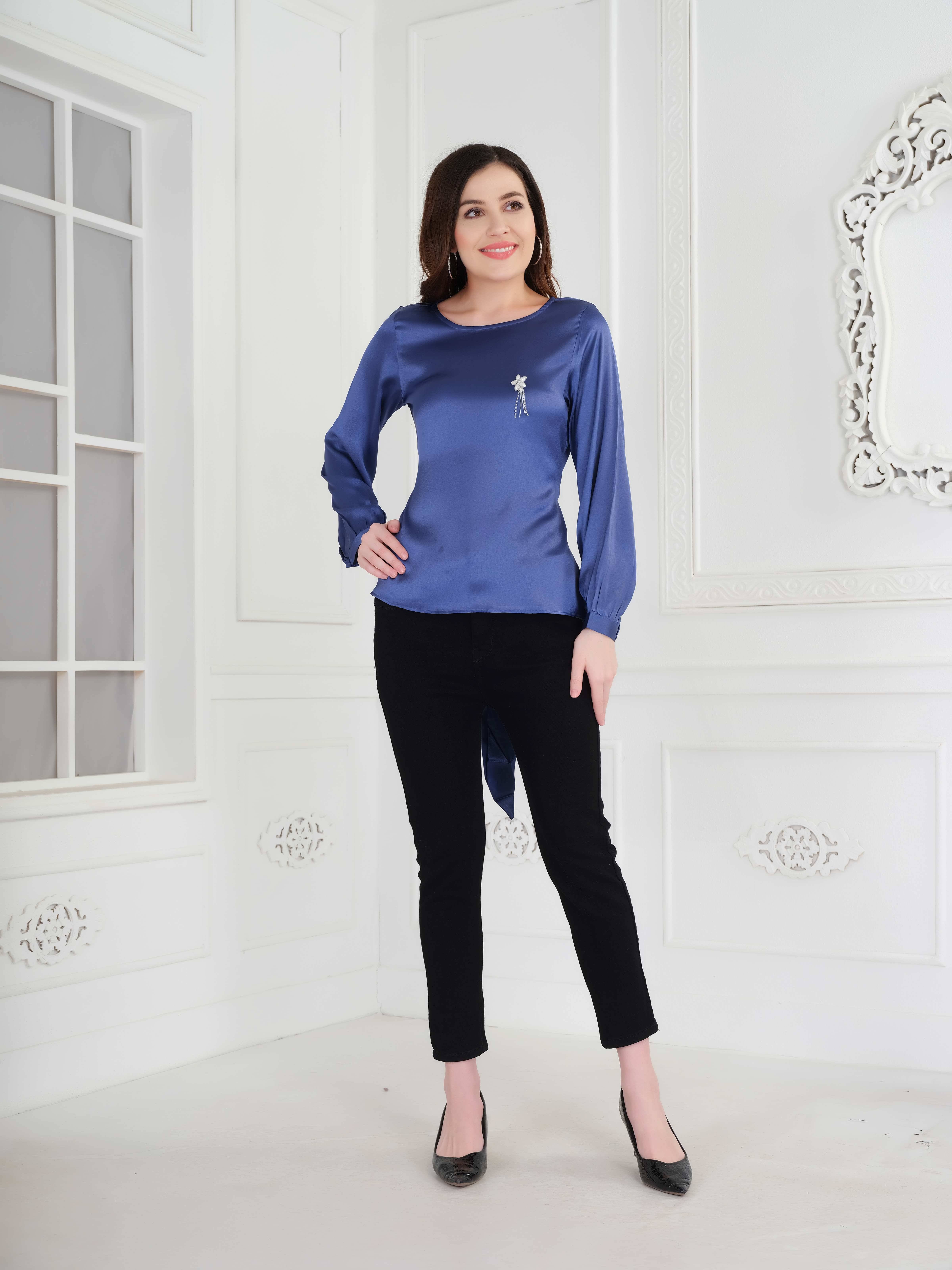 Mantra Fashion Women's Satin Regular Top ( Blue ) Mantra Fashion Women's Satin Regular Top ( Blue )