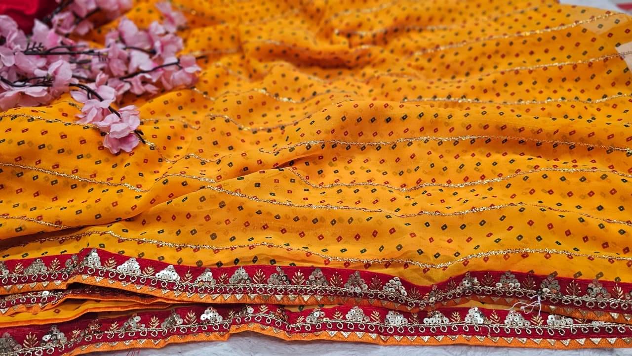 No Georgette Embellished Bandhani Sarees With Unstitched Blouse Piece ( Yellow ) No Georgette Embellished Bandhani Sarees With Unstitched Blouse Piece ( Yellow )