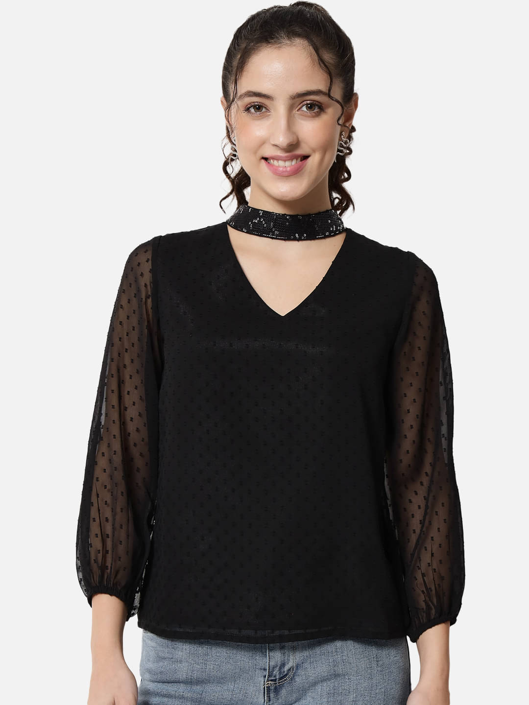     			OTIRA Women's Georgette Regular Top ( Black )