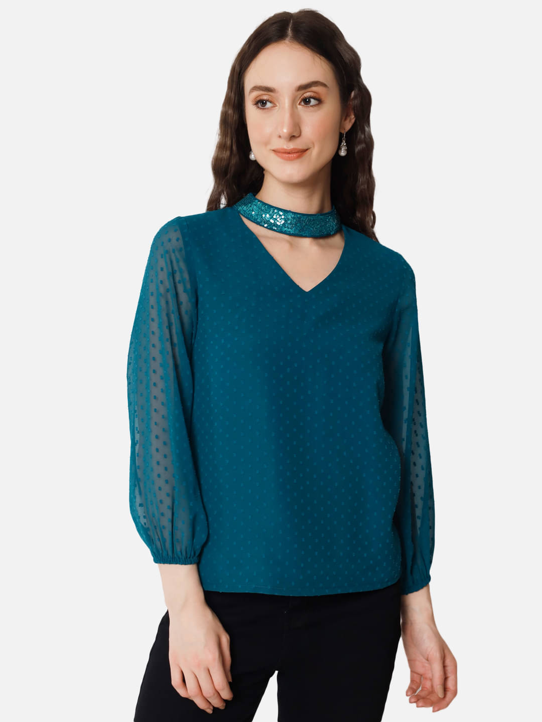     			OTIRA Women's Georgette Regular Top ( Teal )