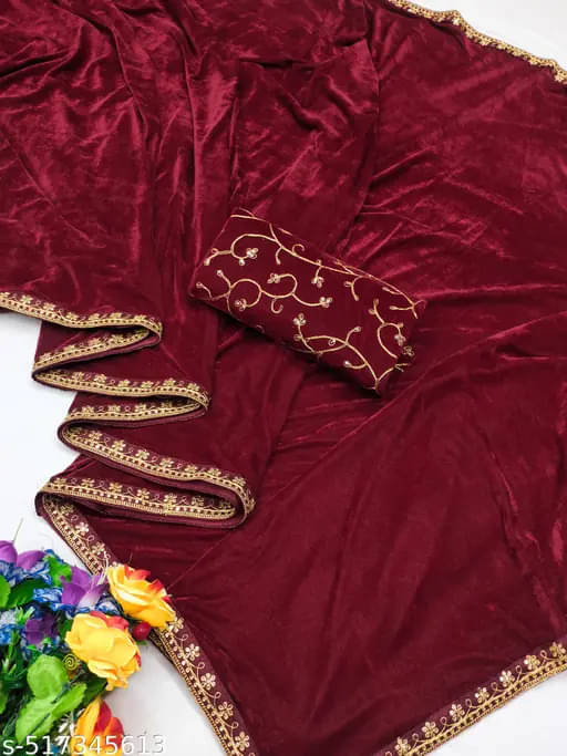 PALKAANO Velvet Embroidered Regular Saree With Unstitched Blouse Piece ( Maroon ) PALKAANO Velvet Embroidered Regular Saree With Unstitched Blouse Piece ( Maroon )