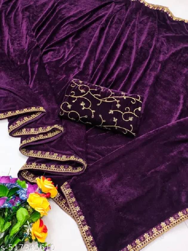     			PALKAANO Velvet Embroidered Regular Saree With Unstitched Blouse Piece ( Wine )