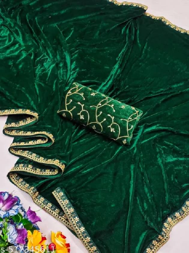     			PALKAANO Velvet Embroidered Regular Saree With Unstitched Blouse Piece ( Green )