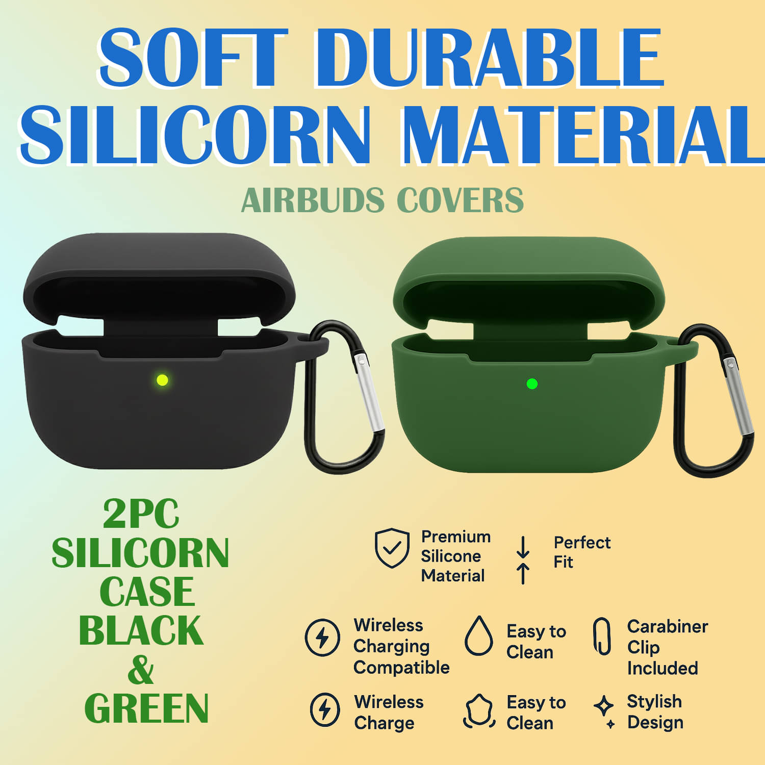     			Premium Silicone Airbuds Case – Durable Shockproof Covers with Keychain Clip, 2 Pack (Black & Green)