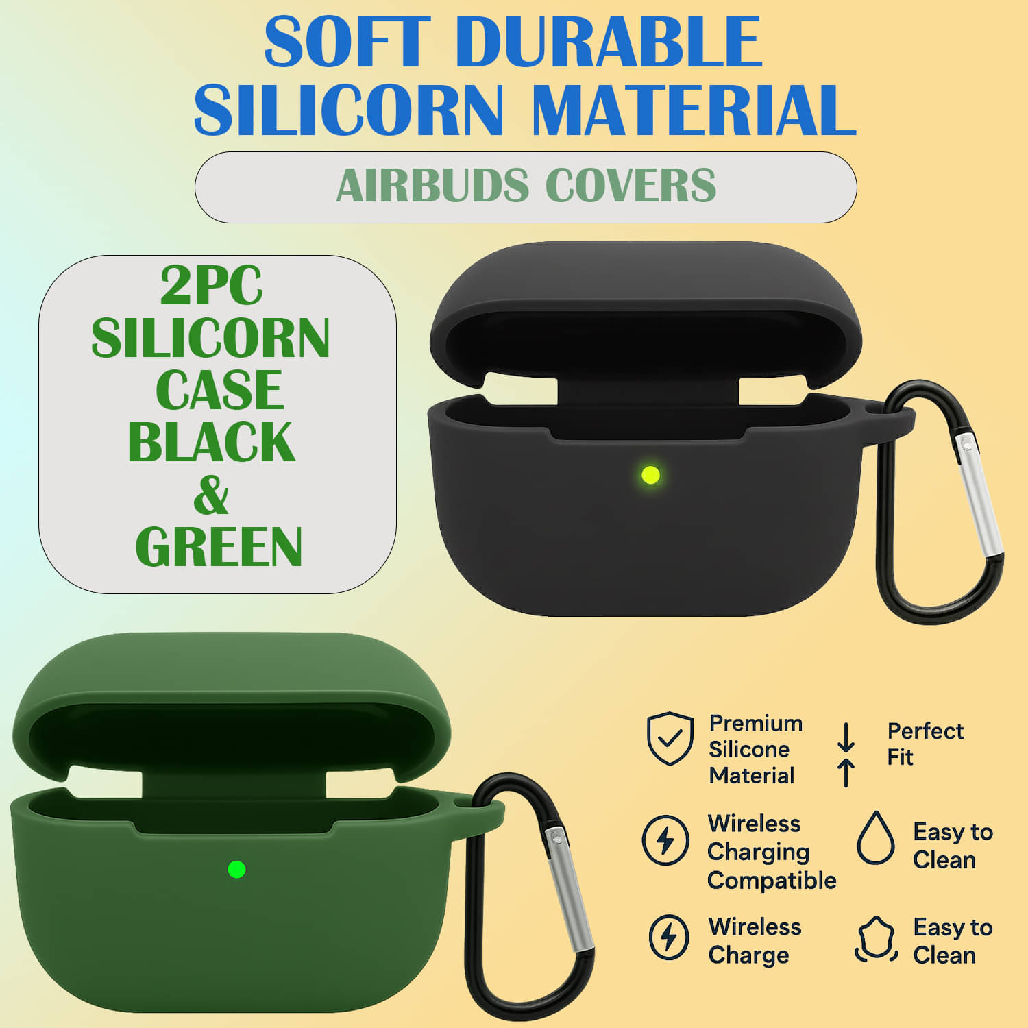     			Premium Soft Silicone Airbuds Case Covers – Anti-Slip, Perfect Fit, Wireless Charging Support, 2 Pack with Carabiner (Black & Green )
