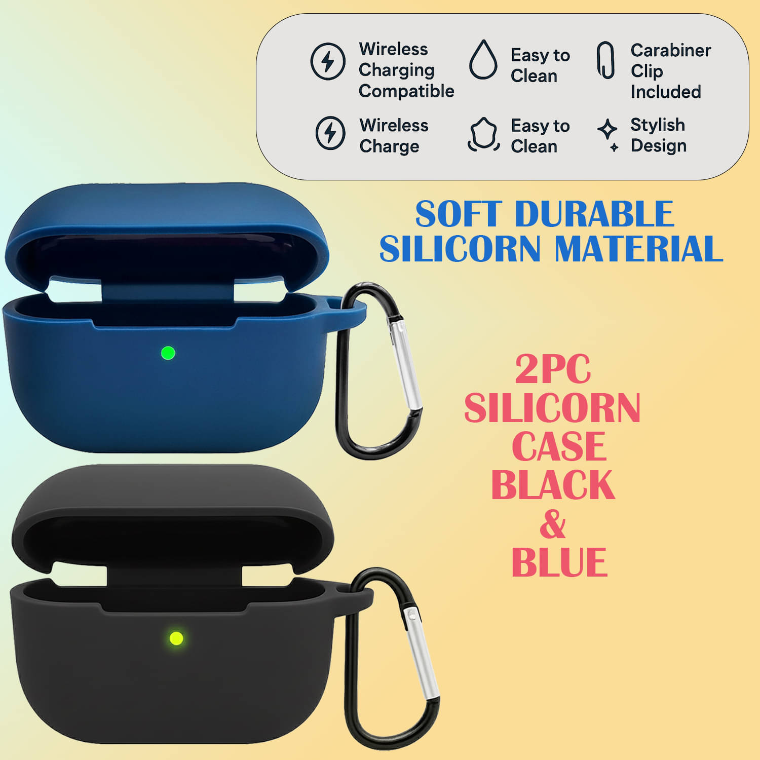     			Protective Airbuds Case Cover Set – Wireless Charging Friendly, Anti-Scratch, Dustproof, Soft Silicone (Black & Blue, 2 Pcs)
