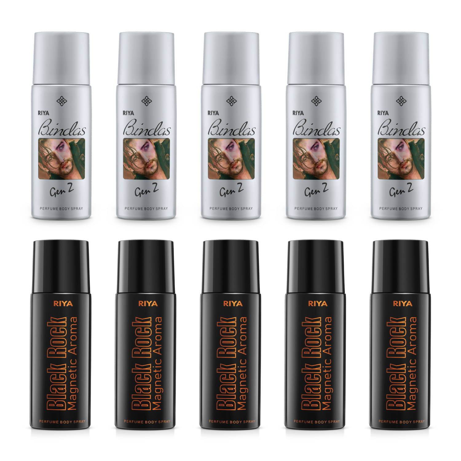     			Riya Black Rock and Bindas Grey Pack of 10 Deodorant Spray for Men 400 ml ( Pack of 10 )