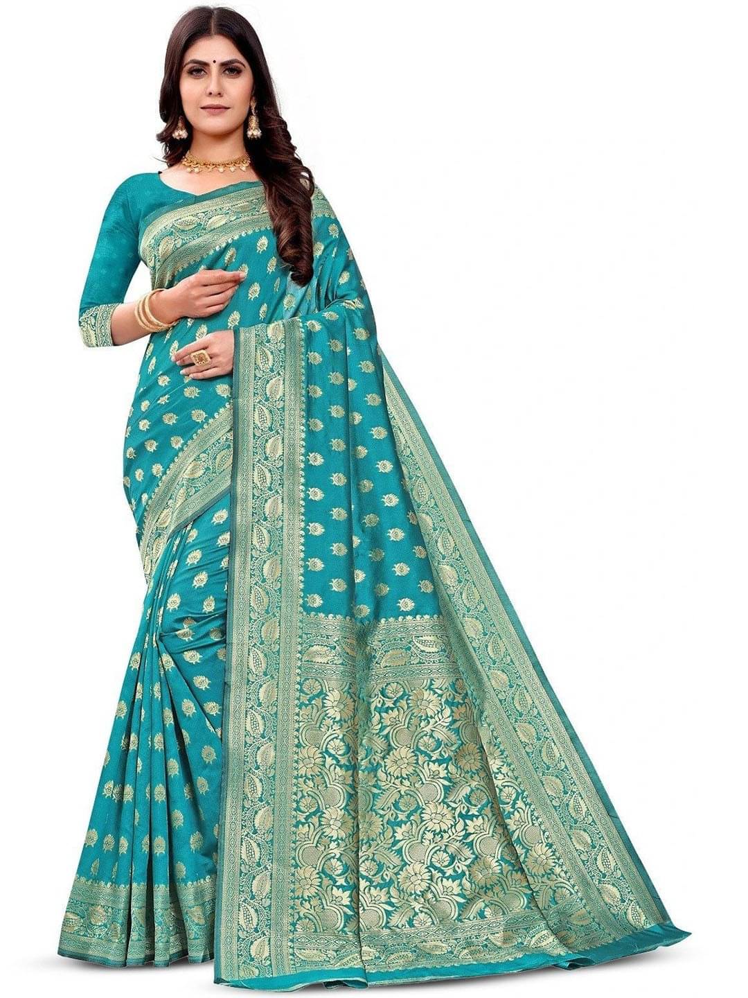     			SATVASHIV Jacquard Embellished Banarasi saree With Unstitched Blouse Piece ( Turquoise )