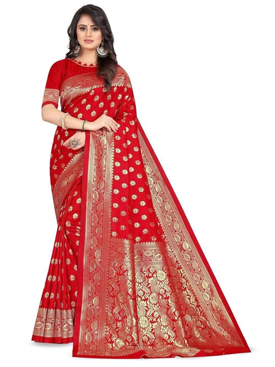 SATVASHIV Jacquard Embellished Banarasi saree With Unstitched Blouse Piece ( Red )     			SATVASHIV Jacquard Embellished Banarasi saree With Unstitched Blouse Piece ( Red )
