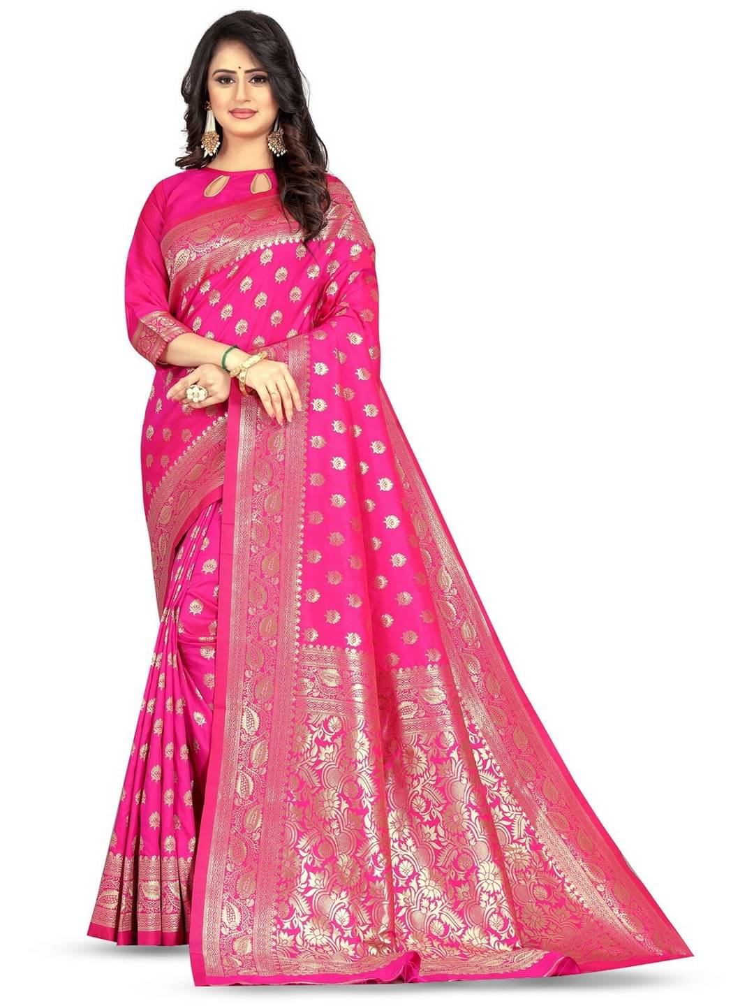     			SATVASHIV Jacquard Woven Banarasi saree With Unstitched Blouse Piece ( Rani )