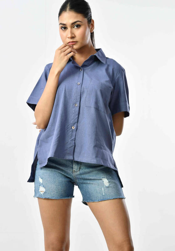 SIDDHO HUM Women Solid Cotton Shirt ( Navy )     			SIDDHO HUM Women Solid Cotton Shirt ( Navy )