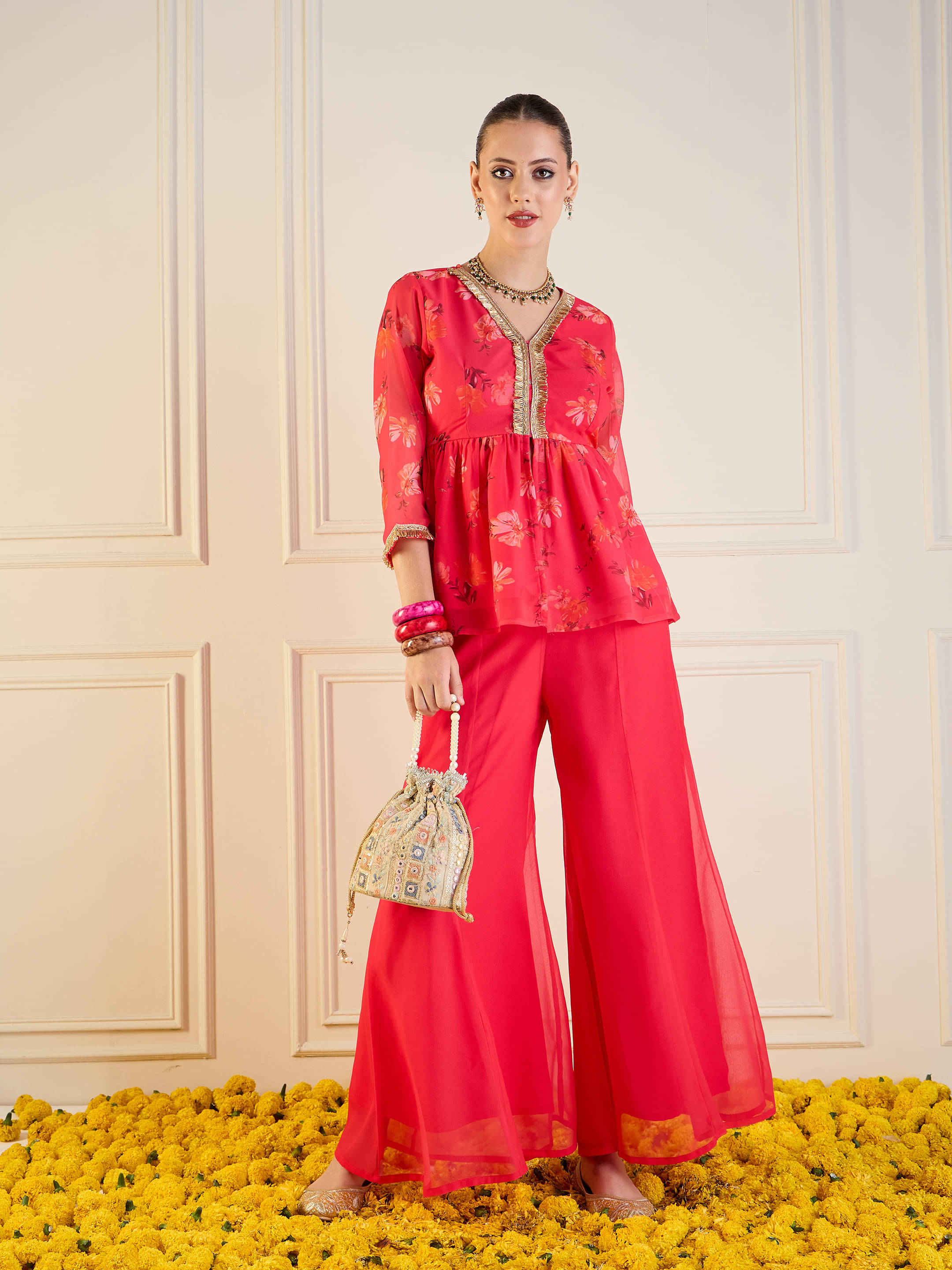     			Shae by SASSAFRAS Women Printed Tunic With Trousers Co-Ord Set ( Fuchsia )