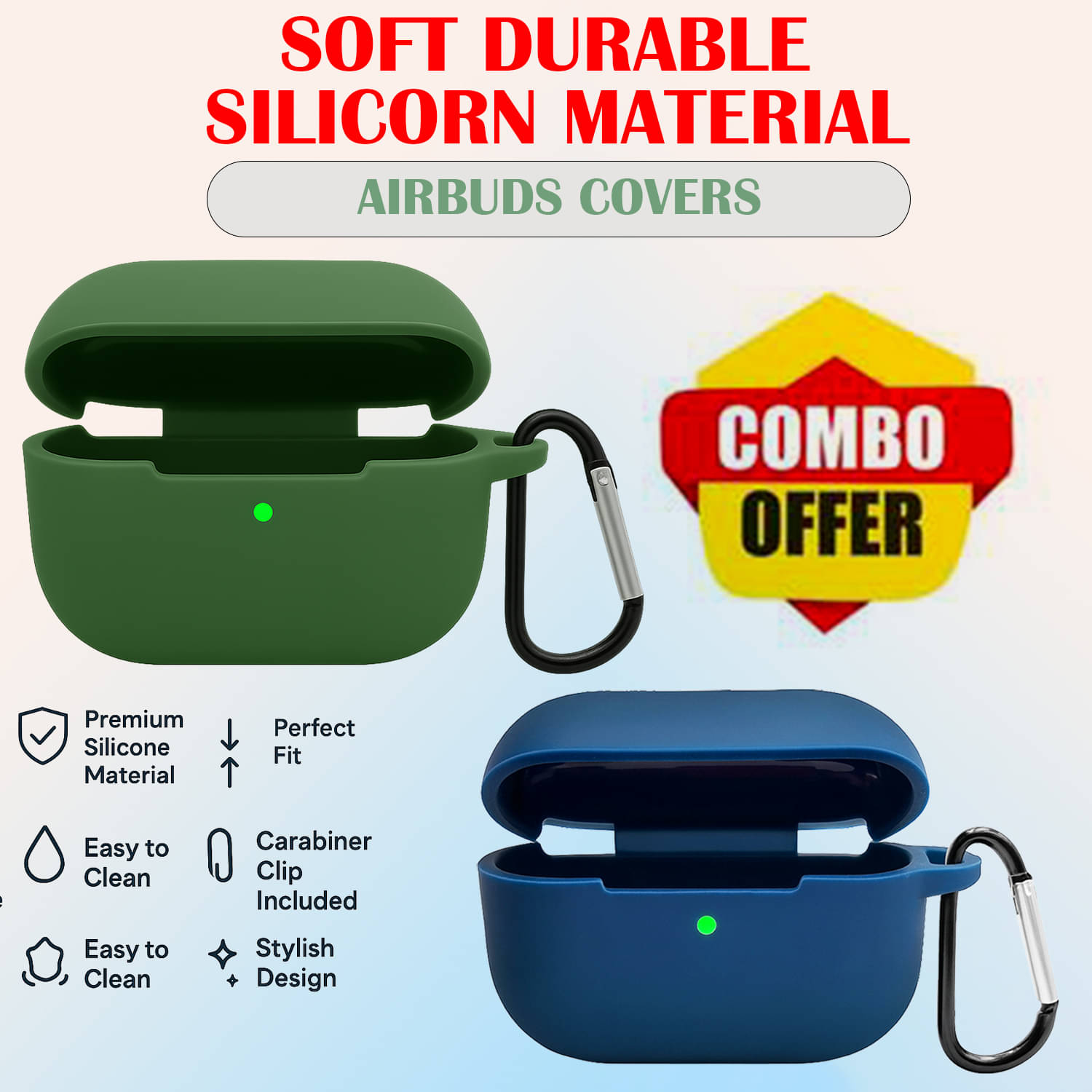     			Silicone Protective Case for Airbuds – 2 Pack Durable Covers with Carabiner Clip & Wireless Charging Support (Green & Blue)