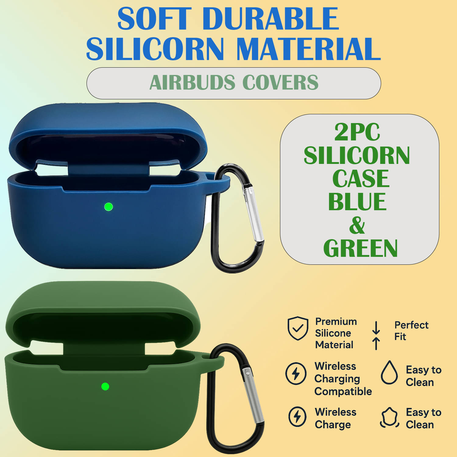     			Stylish Silicone Airbuds Protective Case – Wireless Charging Compatible with Carabiner Clip, Set of 2 (Green & Blue)