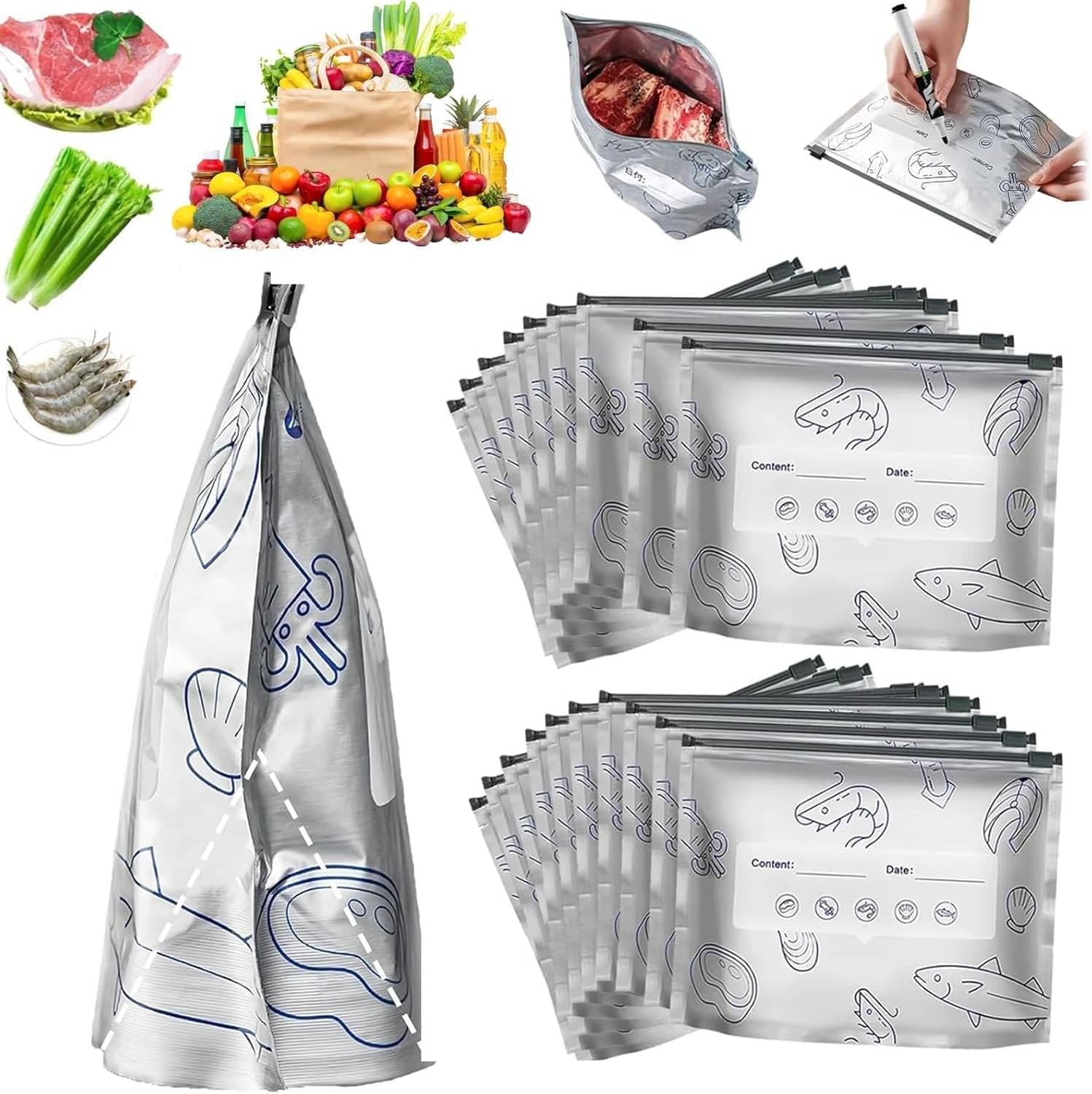 10 PCS Reusable Aluminum Food Storage Bag, Stand Up Foil Sealable Bags with Zip Lock,Leakproof Aluminium Foil Fresh keeping Bag for Vegetable Fruit Meat     			10 PCS Reusable Aluminum Food Storage Bag, Stand Up Foil Sealable Bags with Zip Lock,Leakproof Aluminium Foil Fresh keeping Bag for Vegetable Fruit Meat