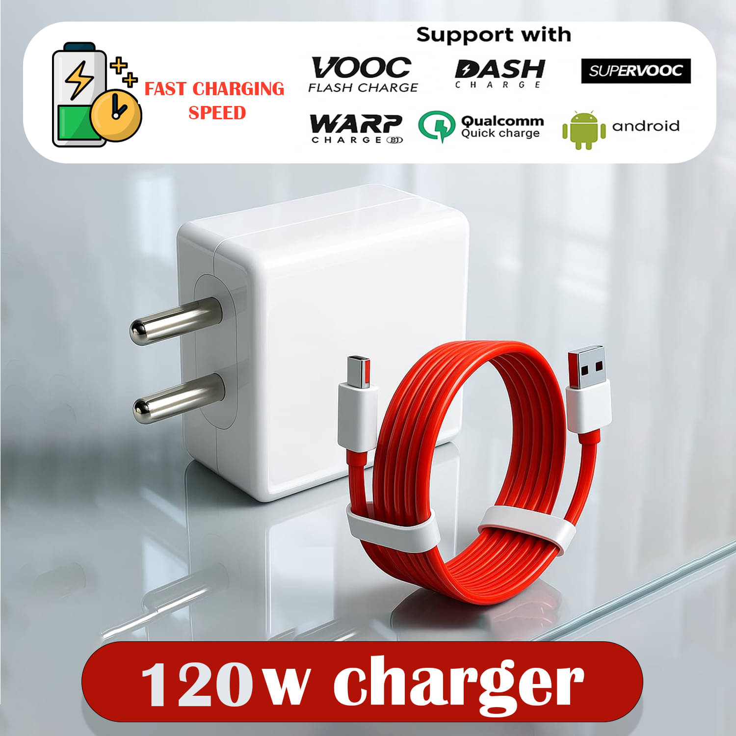     			120W Super Fast Charger with Type-C Cable, Compatible with VOOC, DASH, WARP, Qualcomm Quick Charge & Android Smartphones, High-Speed Power Adapter for Rapid, Safe & Reliable Charging Anywhere