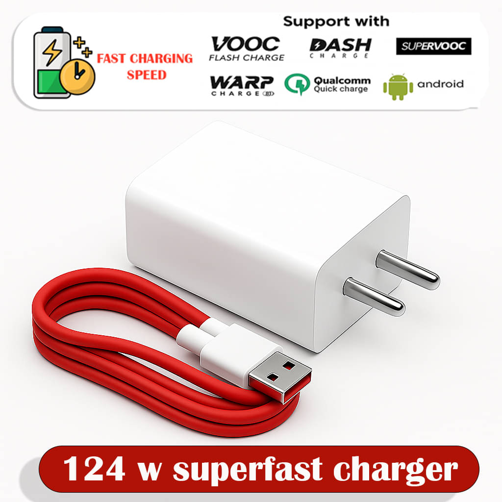     			124W Super Fast Charger with Red USB to Type-C Cable, Universal Compatibility for Smartphones, Tablets & Laptops, Supports VOOC, DASH, WARP, Qualcomm Quick Charge & PD for Rapid Safe Charging Anywhere