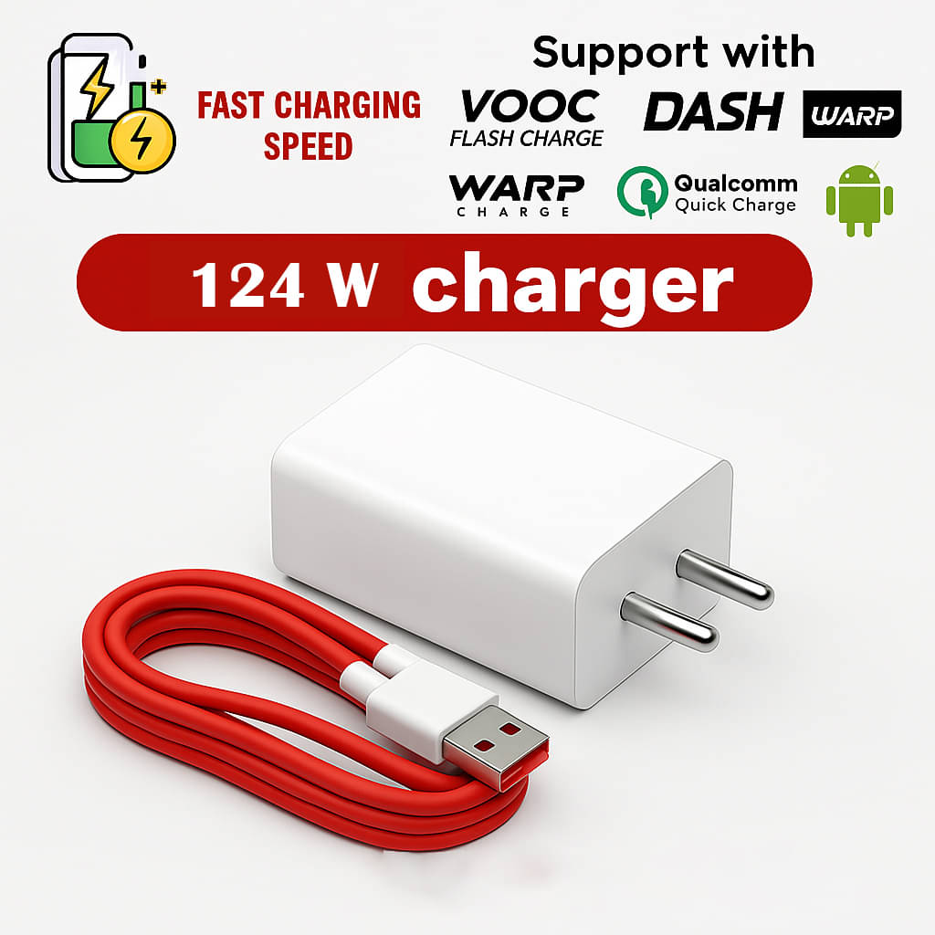     			124W Super Fast Charger with Red USB to Type-C Cable, Universal Compatibility for Smartphones, Tablets & Laptops, Supports VOOC, DASH, WARP, Qualcomm Quick Charge & PD for Rapid Safe Charging Anywhere