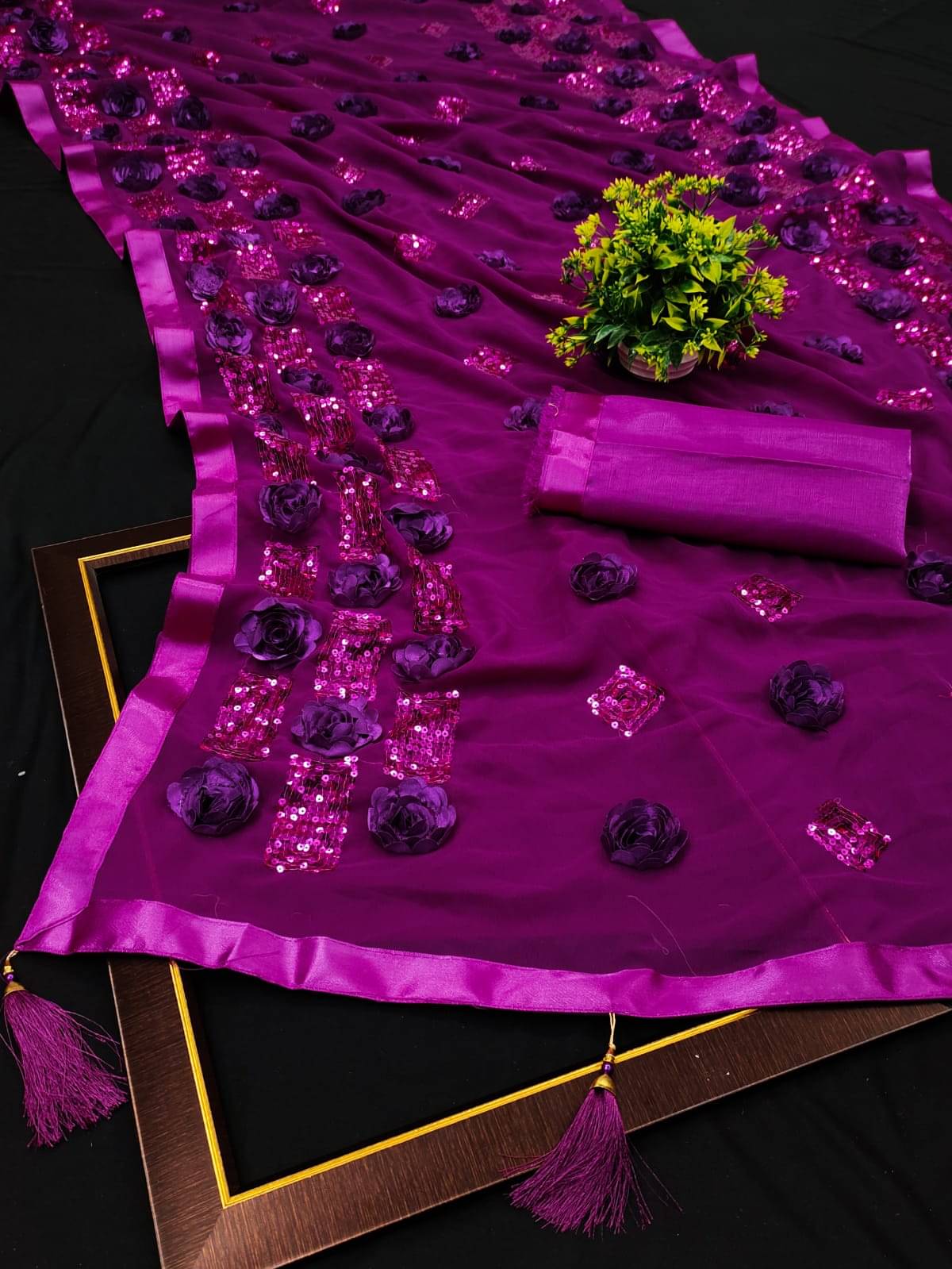     			A TO Z CART Georgette Embroidered Regular Saree With Unstitched Blouse Piece ( Purple )