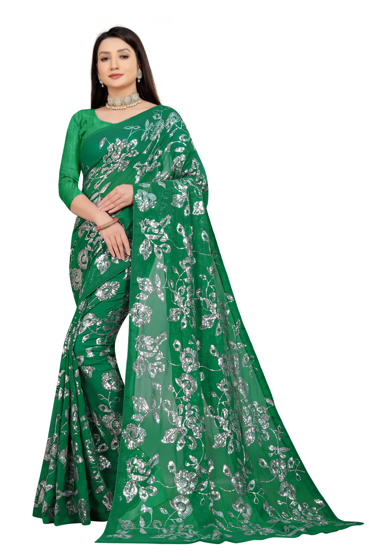     			A TO Z CART Georgette Embroidered Regular Saree With Unstitched Blouse Piece ( Green )