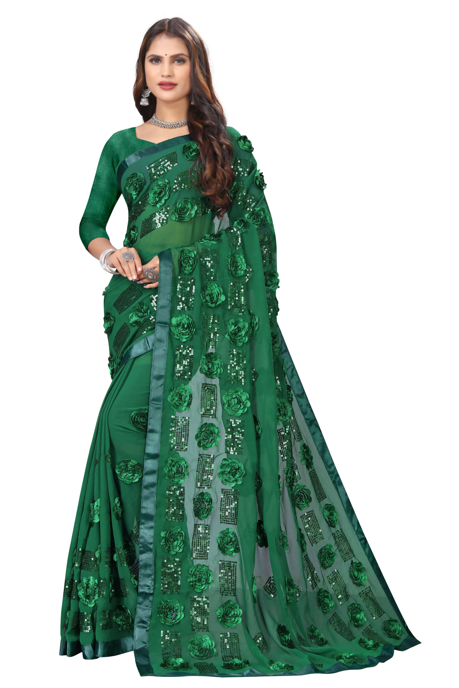     			A TO Z CART Georgette Embroidered Regular Saree With Unstitched Blouse Piece ( Green )