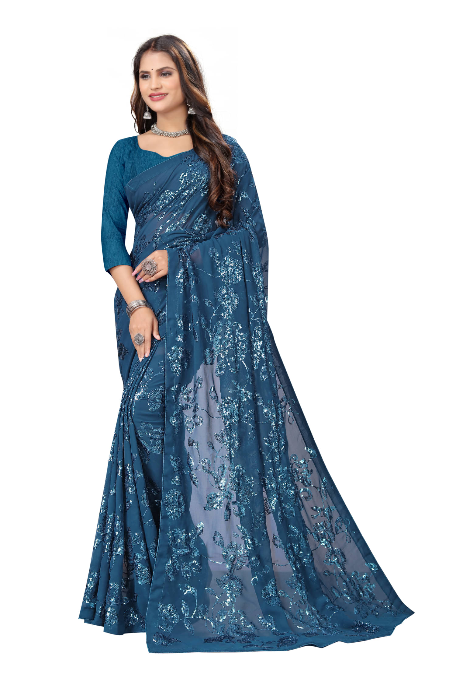 A TO Z CART Georgette Embroidered Regular Saree With Unstitched Blouse Piece ( Rama )     			A TO Z CART Georgette Embroidered Regular Saree With Unstitched Blouse Piece ( Rama )
