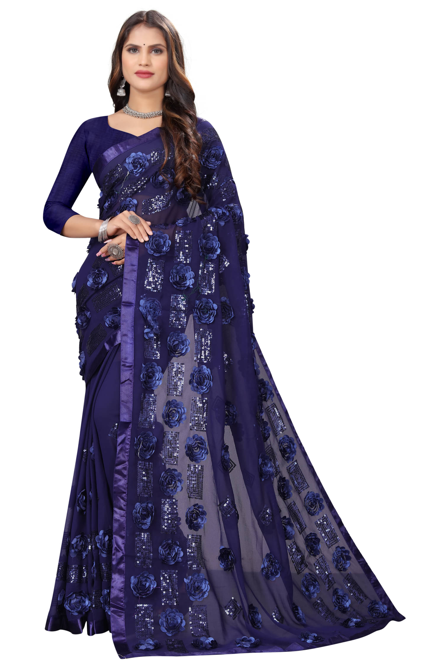     			A TO Z CART Georgette Embroidered Regular Saree With Unstitched Blouse Piece ( Navy Blue )