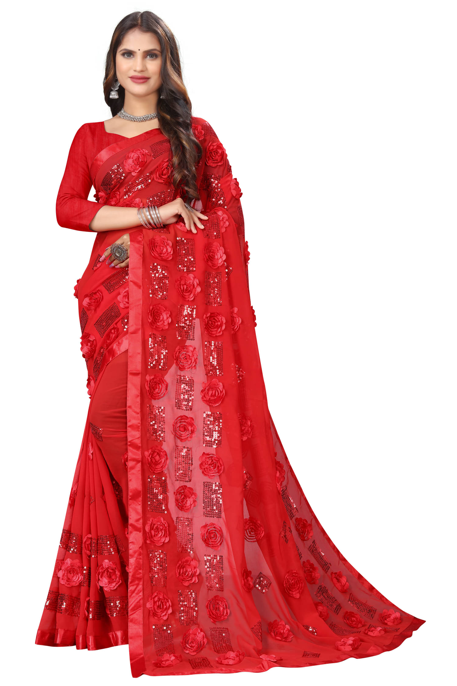     			A TO Z CART Georgette Embroidered Regular Saree With Unstitched Blouse Piece ( Red )