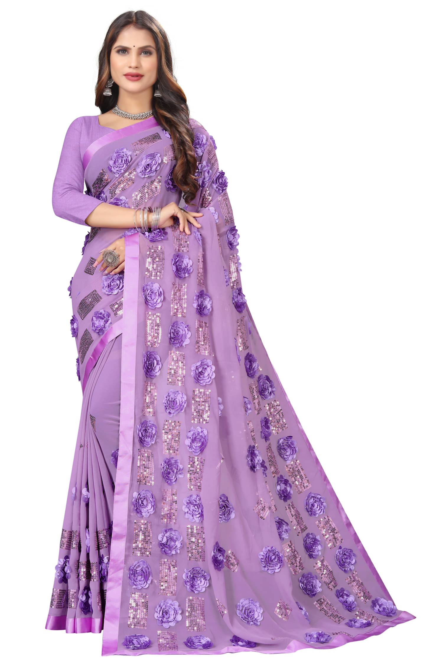    			A TO Z CART Georgette Embroidered Regular Saree With Unstitched Blouse Piece ( Lavender )