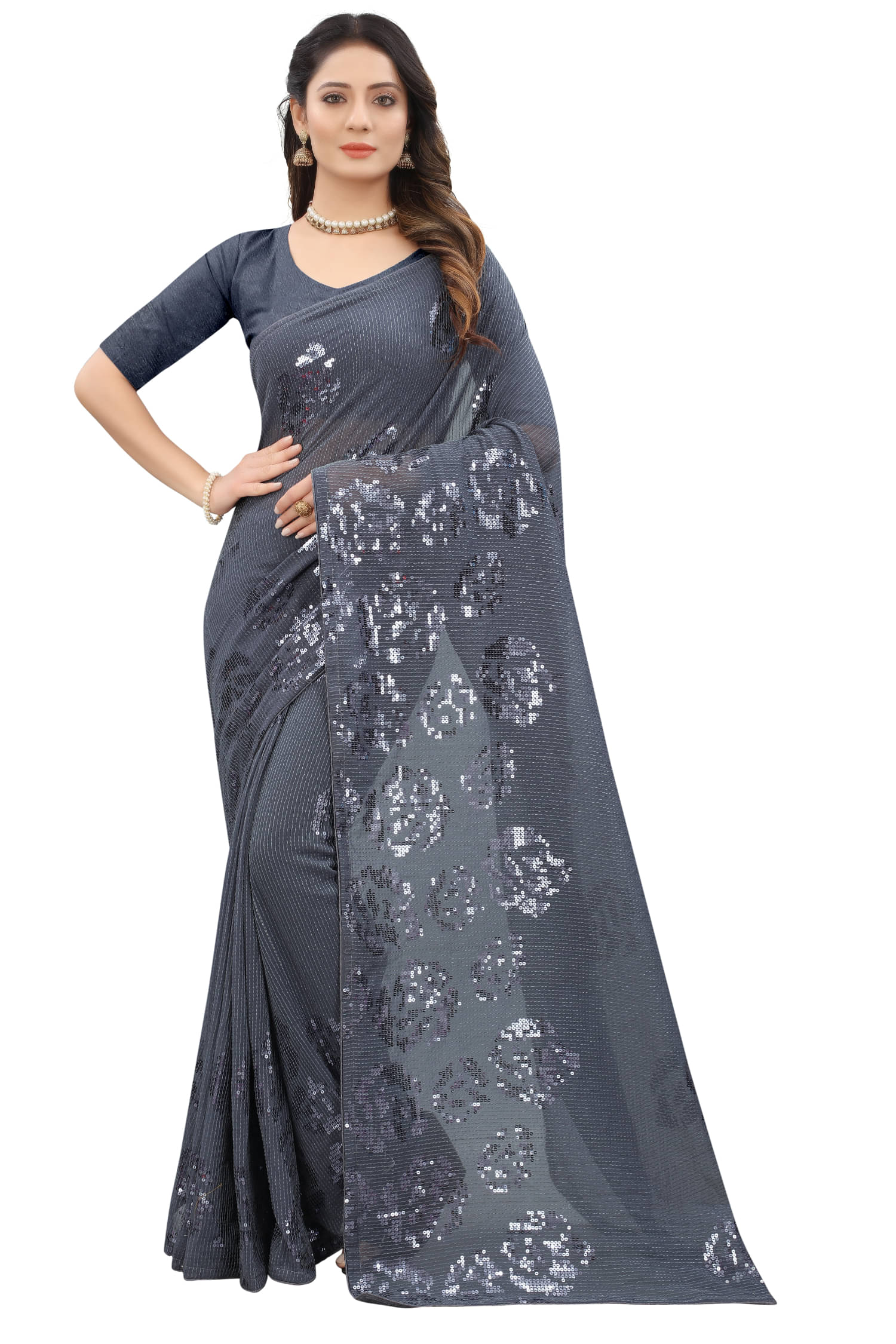     			A TO Z CART Georgette Embroidered Regular Saree With Unstitched Blouse Piece ( Grey )