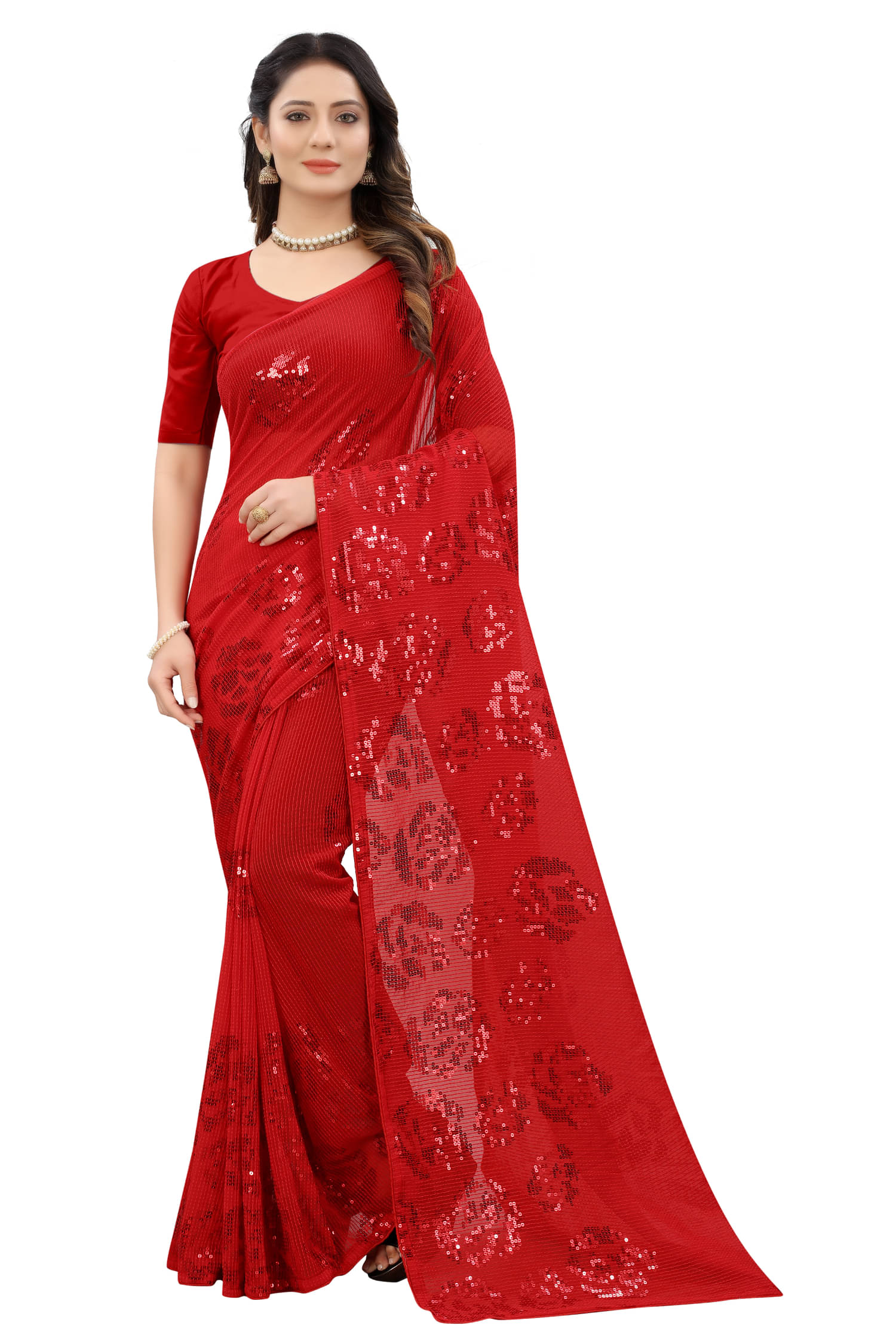     			A TO Z CART Georgette Embroidered Regular Saree With Unstitched Blouse Piece ( Red )