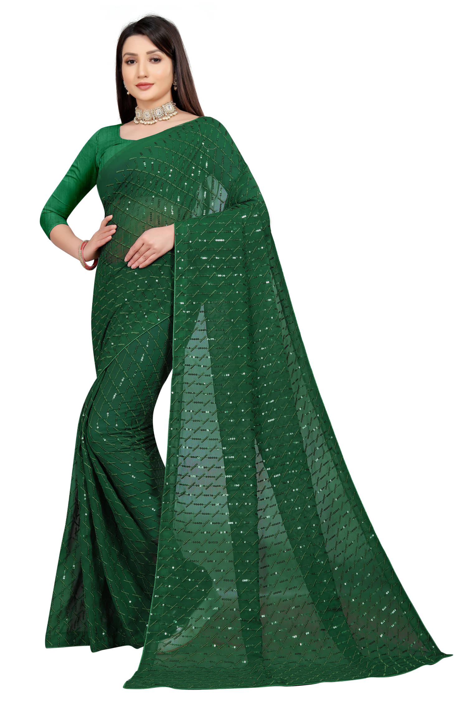     			A TO Z CART Georgette Embroidered Regular Saree With Unstitched Blouse Piece ( Green )