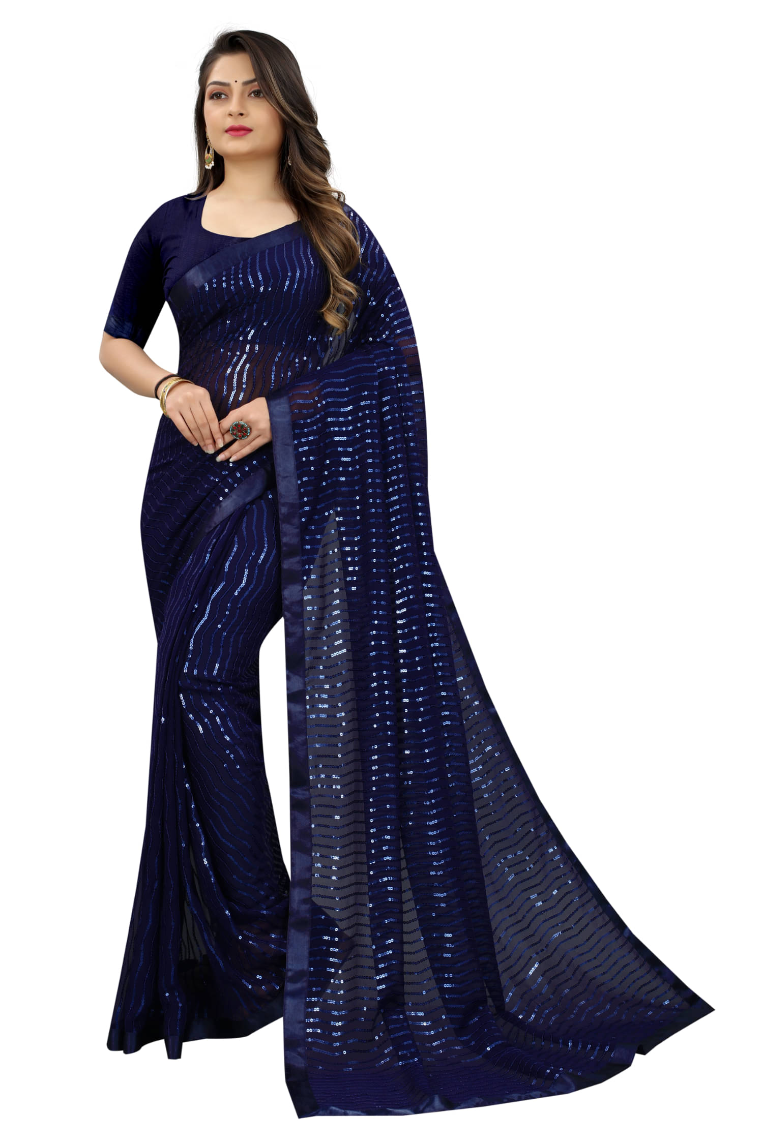 A TO Z CART Georgette Embroidered Regular Saree With Unstitched Blouse Piece ( Navy Blue ) A TO Z CART Georgette Embroidered Regular Saree With Unstitched Blouse Piece ( Navy Blue )
