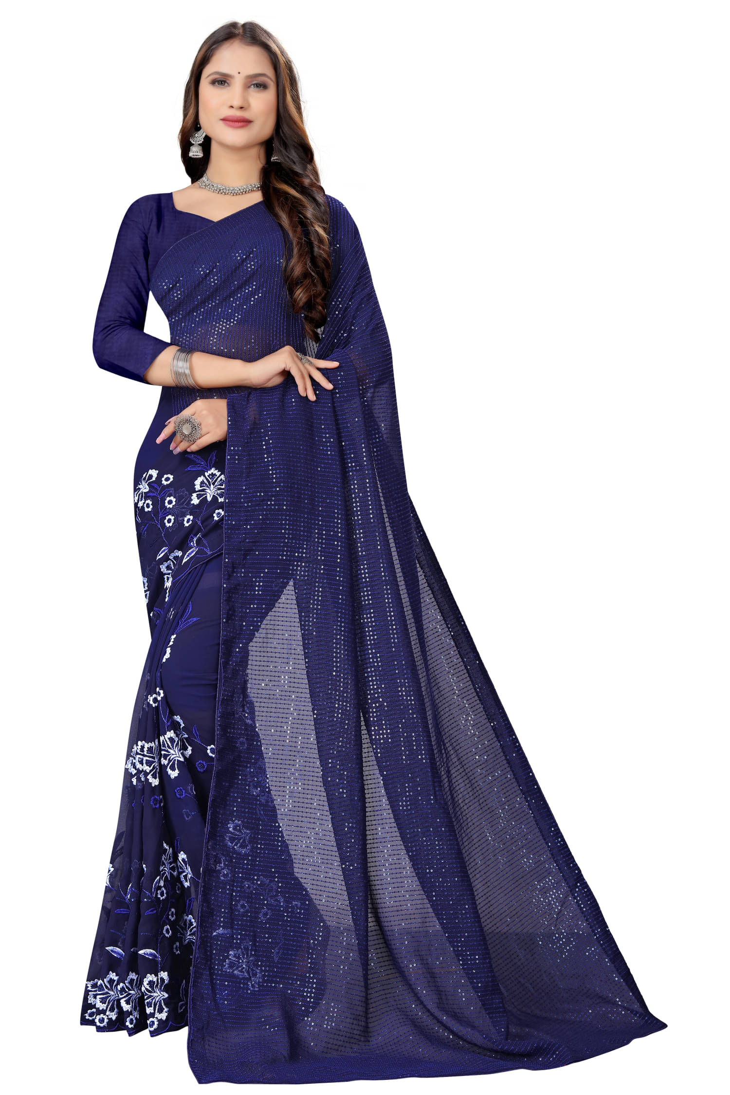     			A TO Z CART Georgette Embroidered Regular Saree With Unstitched Blouse Piece ( Navy Blue )