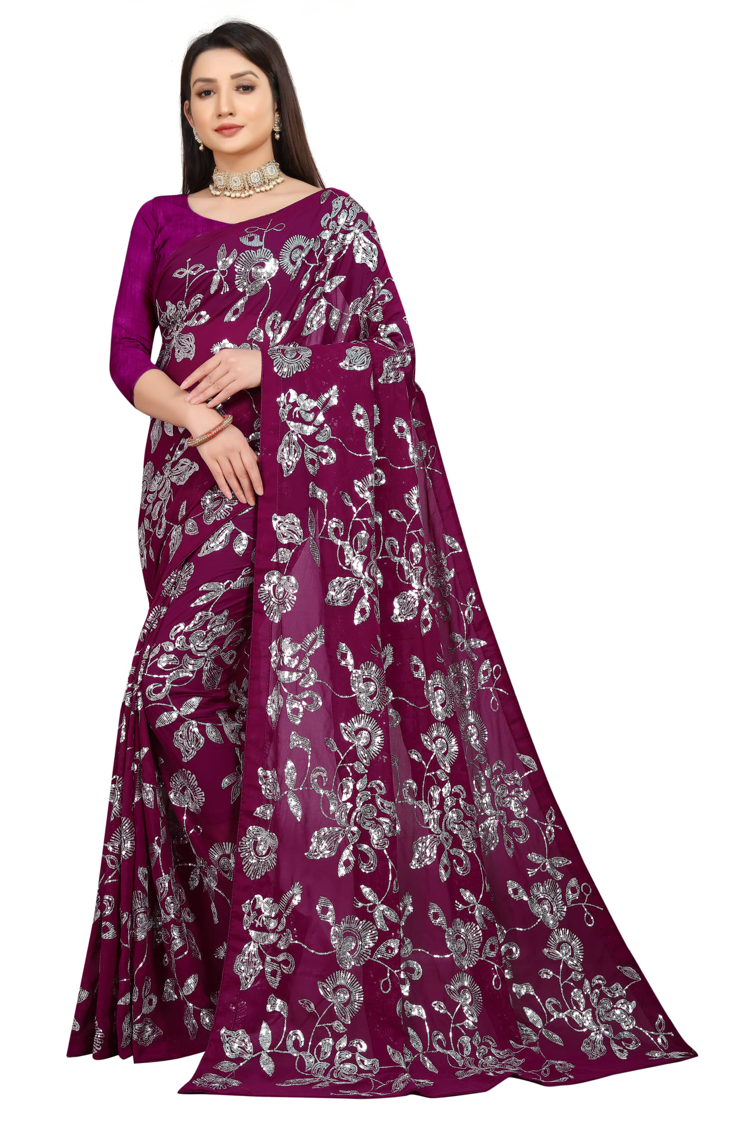 A TO Z CART Georgette Embroidered Regular Saree With Unstitched Blouse Piece ( Purple ) A TO Z CART Georgette Embroidered Regular Saree With Unstitched Blouse Piece ( Purple )