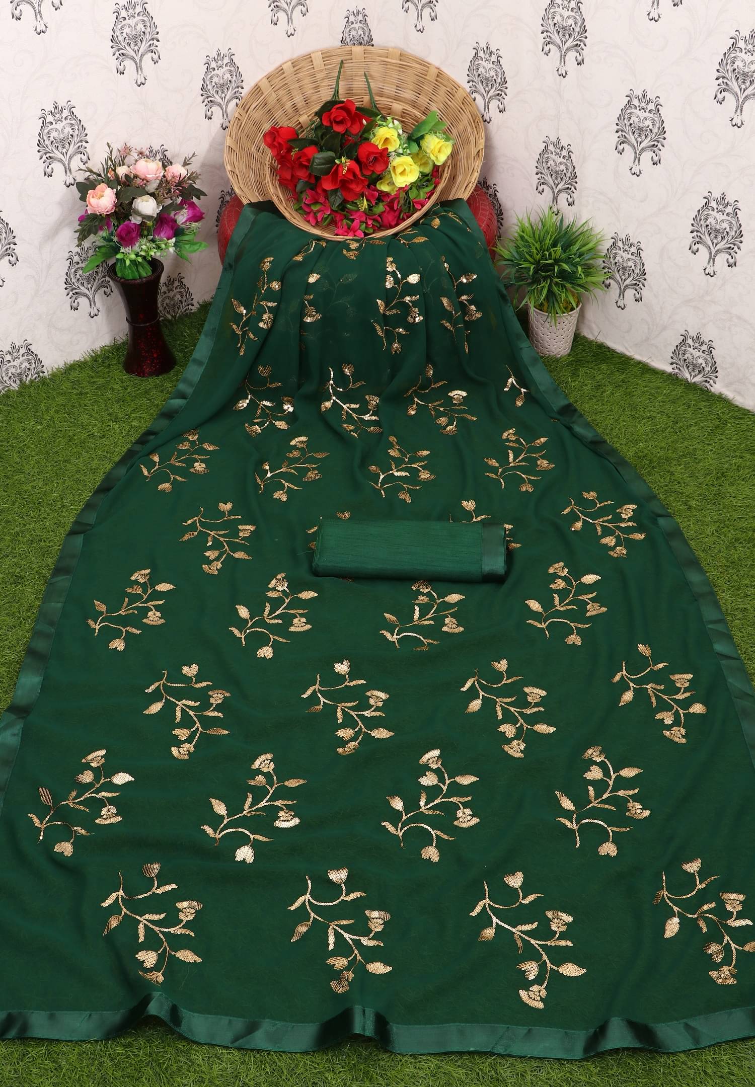 A TO Z CART Georgette Embroidered Regular Saree With Unstitched Blouse Piece ( Green ) A TO Z CART Georgette Embroidered Regular Saree With Unstitched Blouse Piece ( Green )