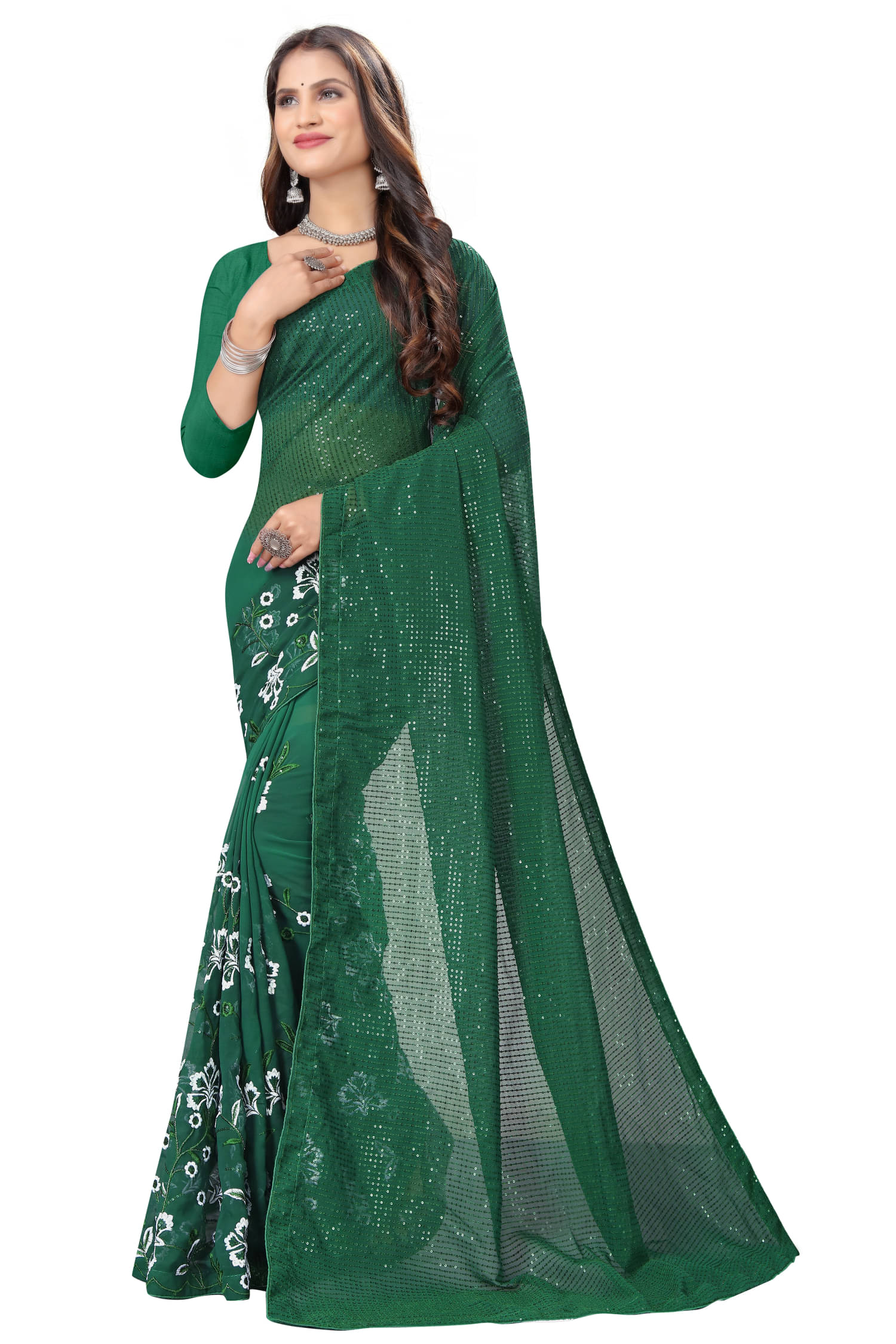     			A TO Z CART Georgette Embroidered Regular Saree With Unstitched Blouse Piece ( Green )