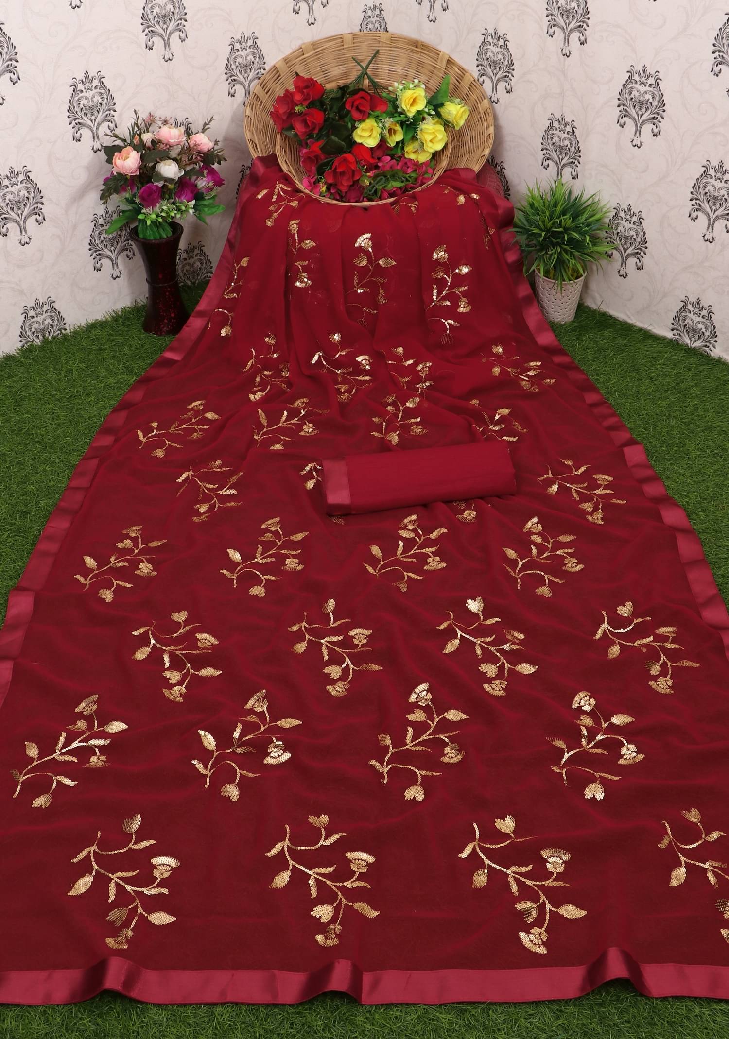 A TO Z CART Georgette Embroidered Regular Saree With Unstitched Blouse Piece ( Red ) A TO Z CART Georgette Embroidered Regular Saree With Unstitched Blouse Piece ( Red )