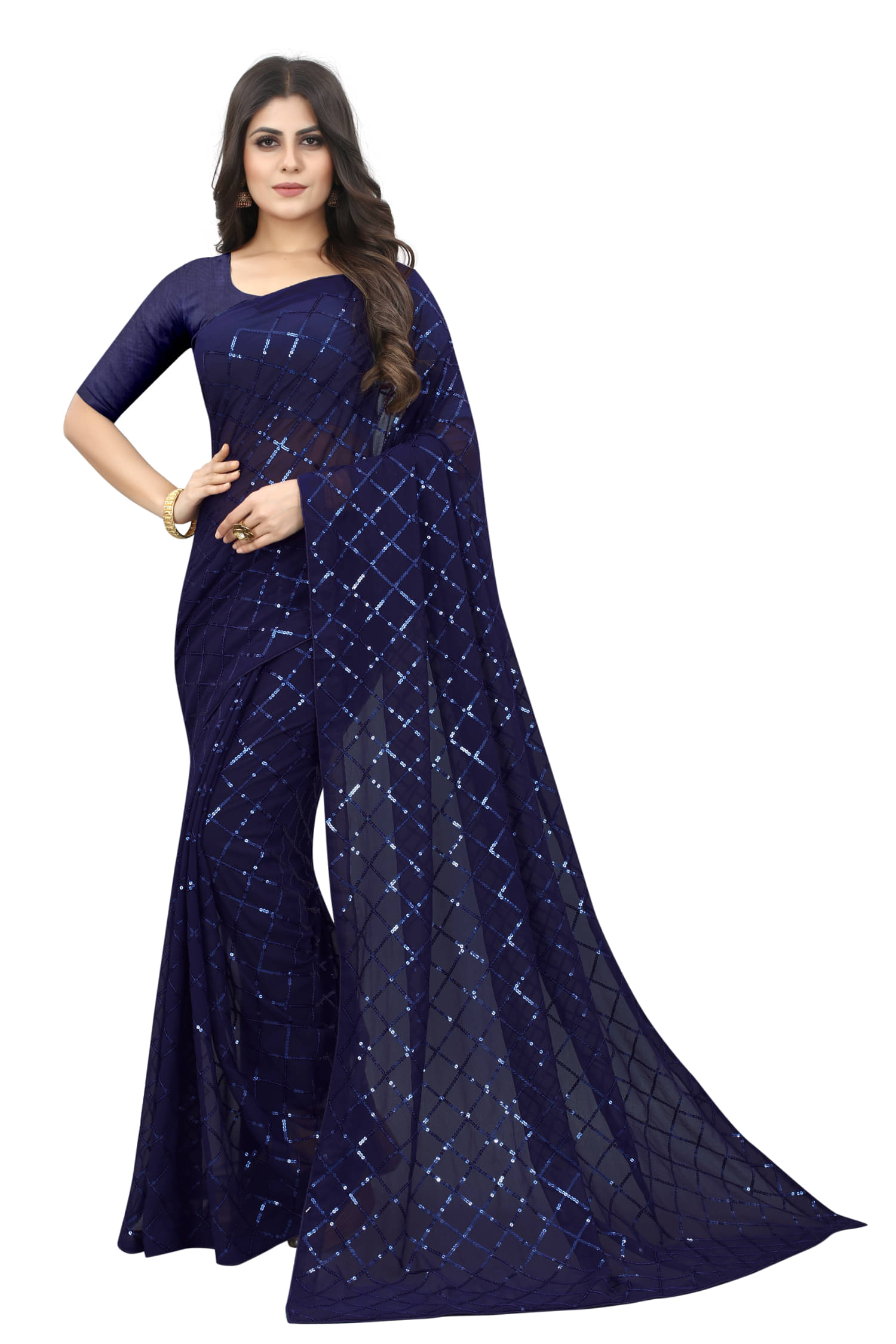     			A TO Z CART Georgette Embroidered Regular Saree With Unstitched Blouse Piece ( Navy Blue )