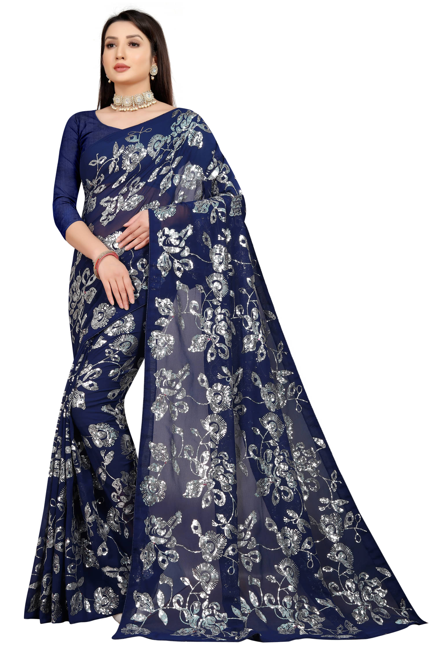A TO Z CART Georgette Embroidered Regular Saree With Unstitched Blouse Piece ( Navy Blue )     			A TO Z CART Georgette Embroidered Regular Saree With Unstitched Blouse Piece ( Navy Blue )