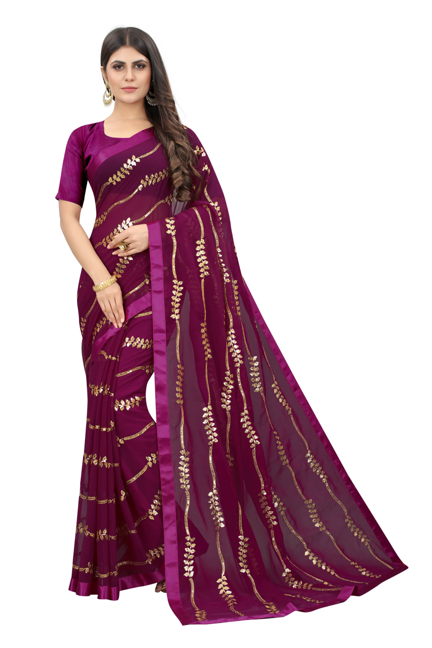     			A TO Z CART Georgette Embroidered Regular Saree With Unstitched Blouse Piece ( Purple )