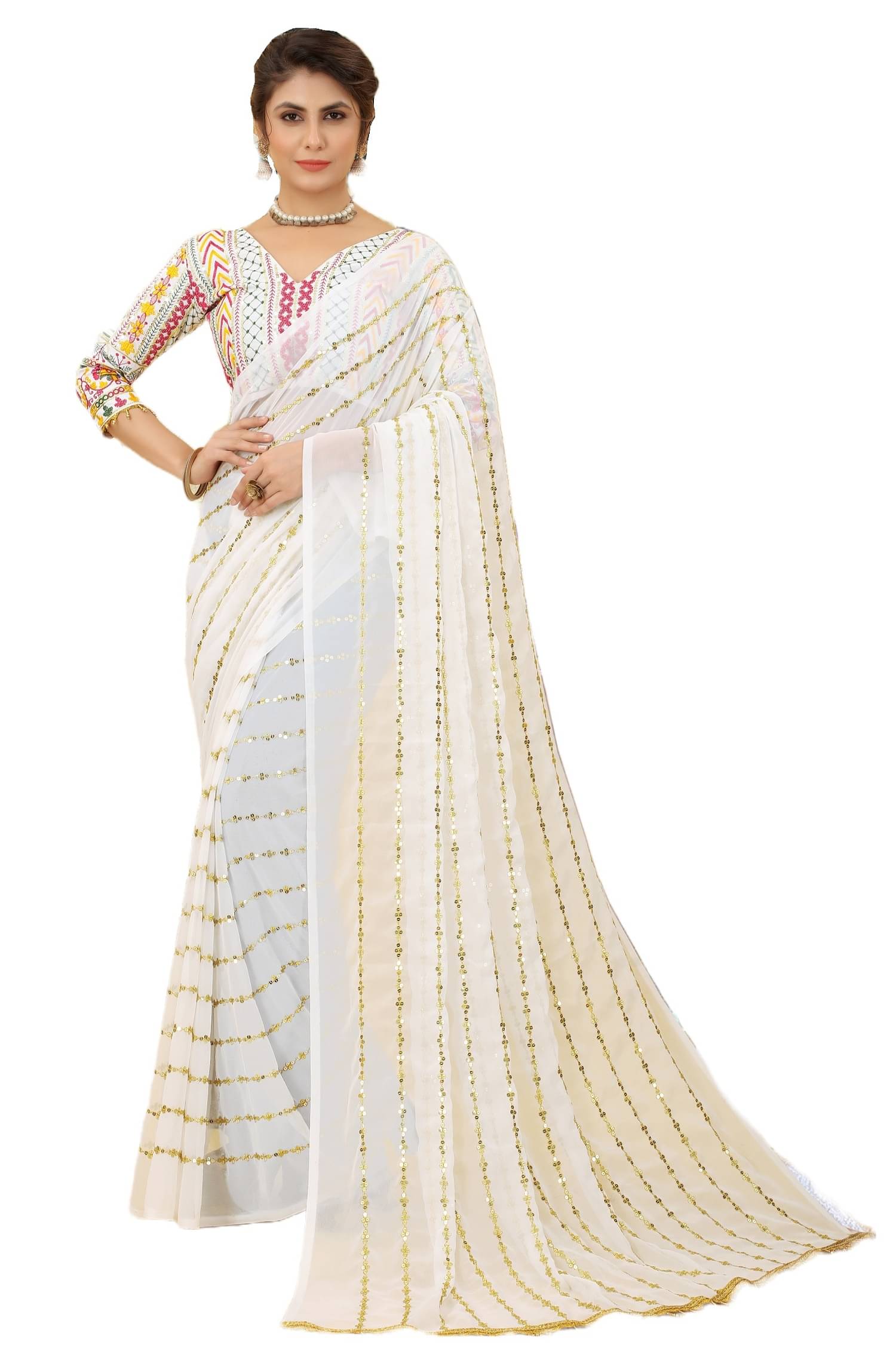     			A TO Z CART Georgette Embroidered Regular Saree With Unstitched Blouse Piece ( White )
